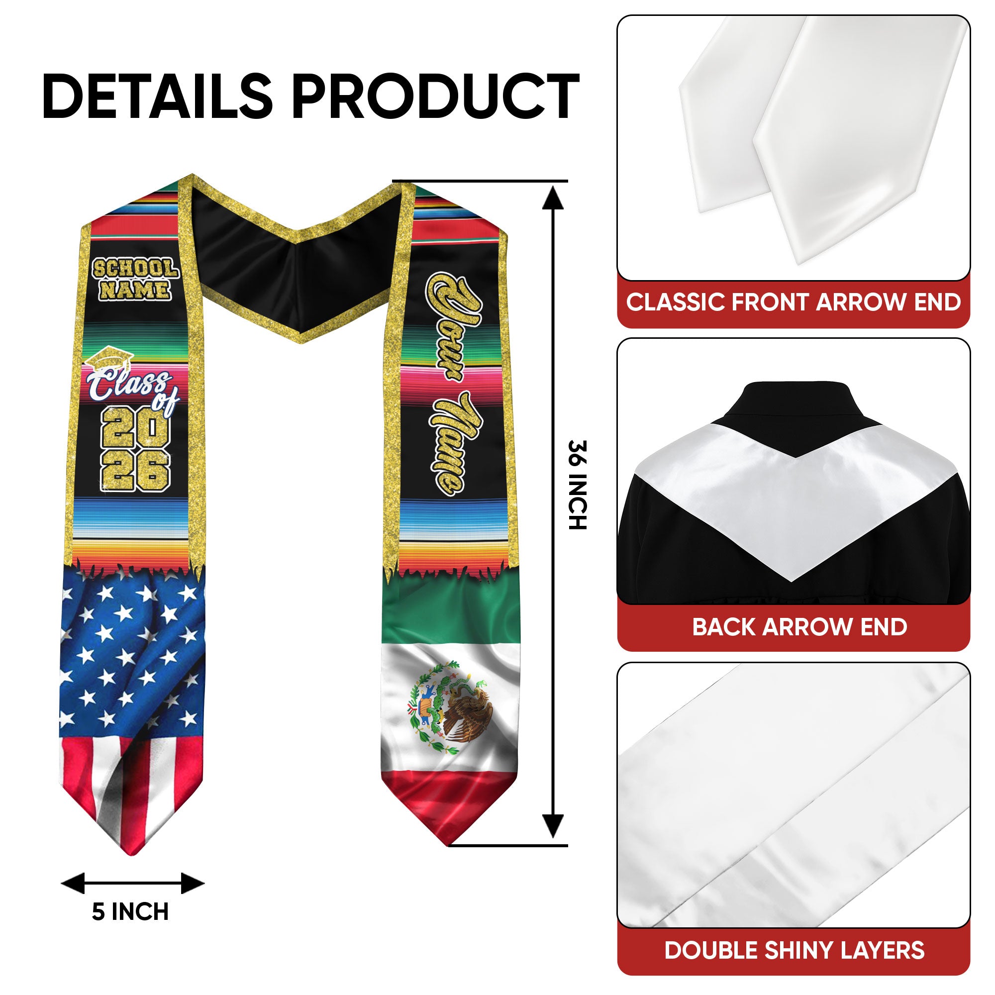 Custom Mexican Graduation Stole 2026 USA Mexico Flag Serape Gold Trim Sash