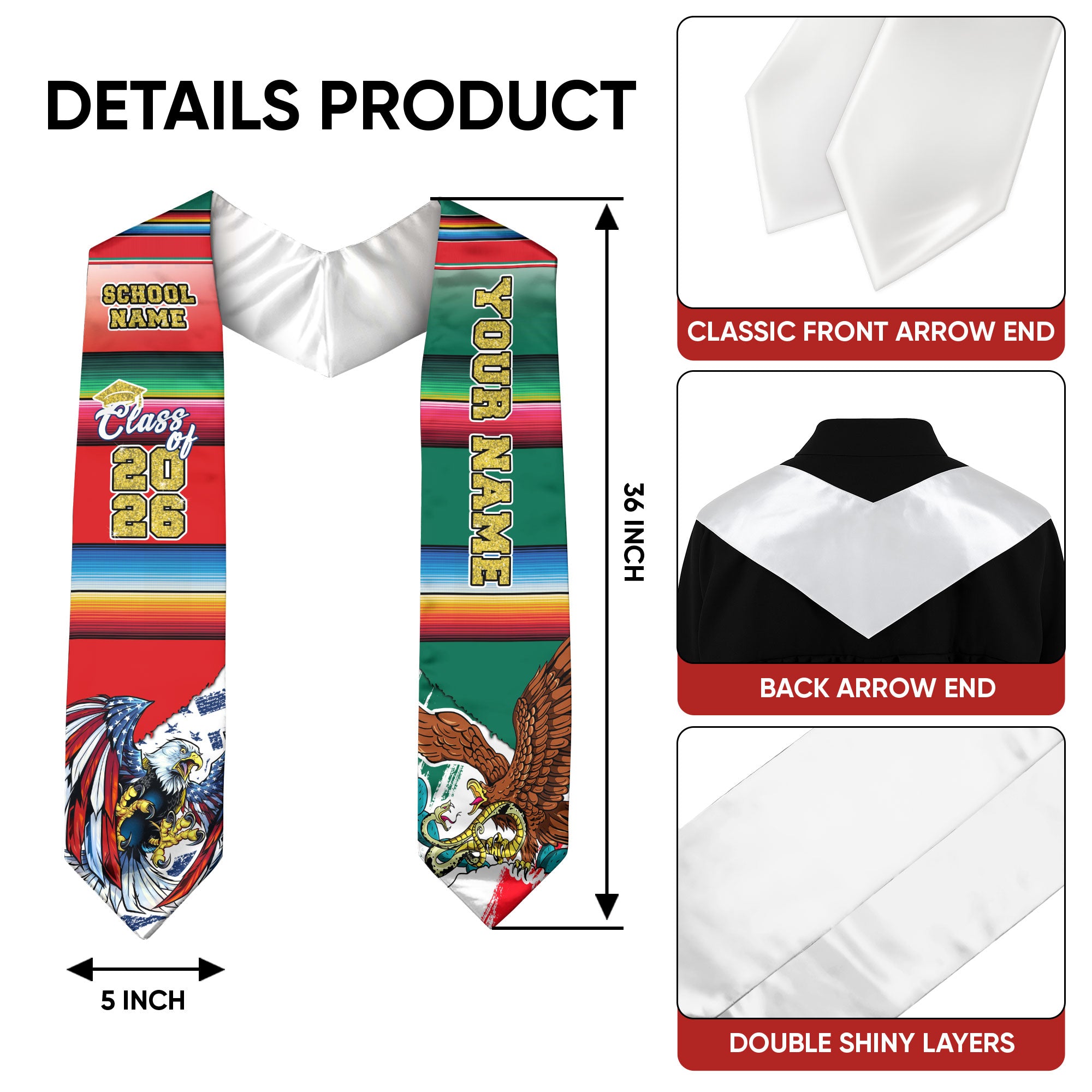 Custom Mexican Graduation Stole 2026 USA Mexico Flag Serape Class Cap Sash