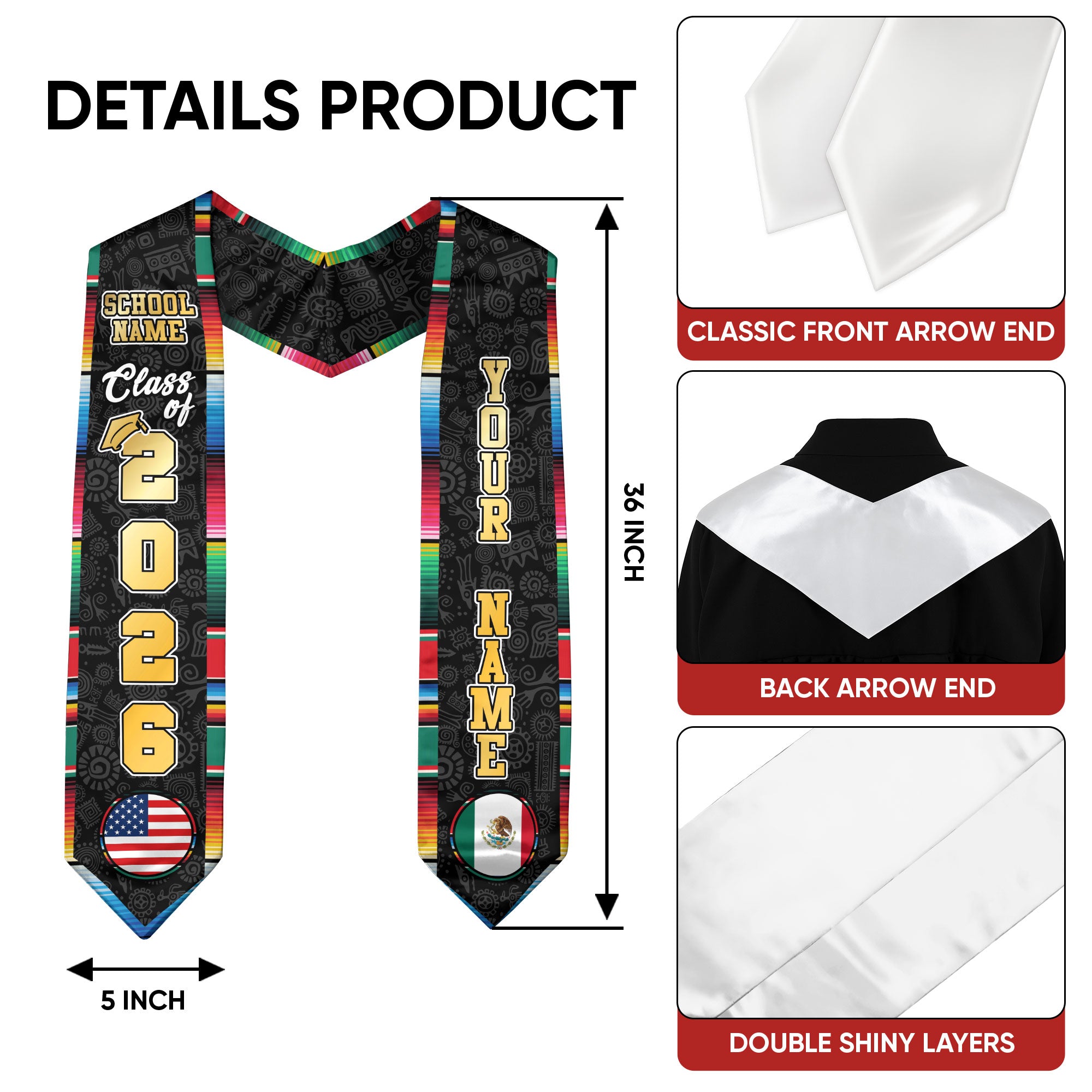 Custom Mexican Graduation Stole 2026 USA Mexico Flag Serape Eagle Emblem