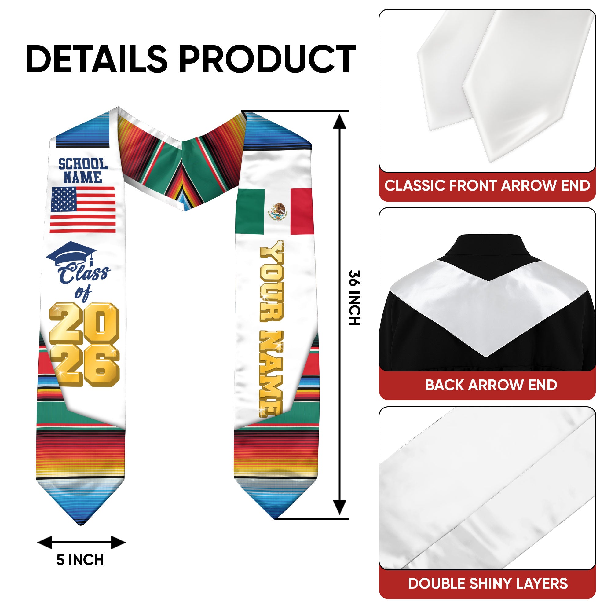 Custom Mexican Graduation Stole 2026 Aztec Pattern USA Mexico Flag Sash