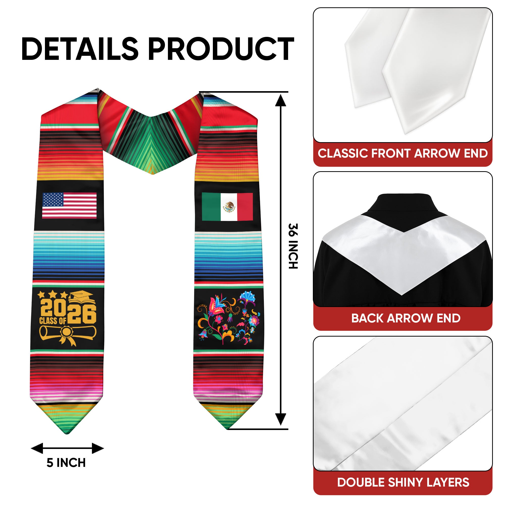 Graduation Sash Mexico 2026, Mexican Stole for Proud Graduate