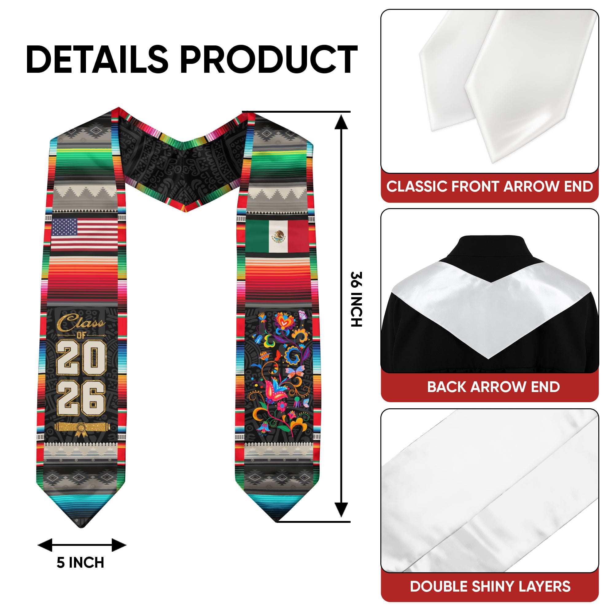 Mexican Stole 2026 Graduation, Mexico Sash for High School and College, Class of 2026