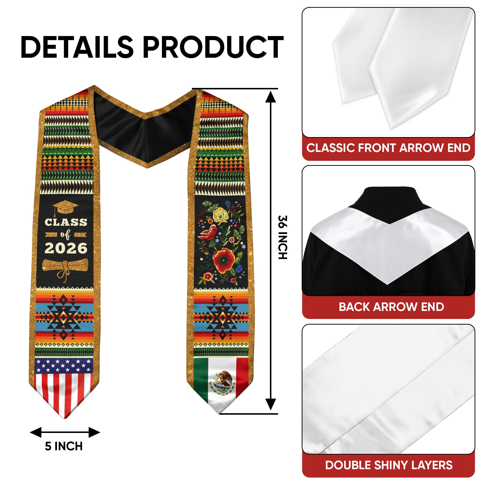 Mexico Sash 2026 Graduation, Mexican Stole with Mexico Flag Design, Senior Class 2026