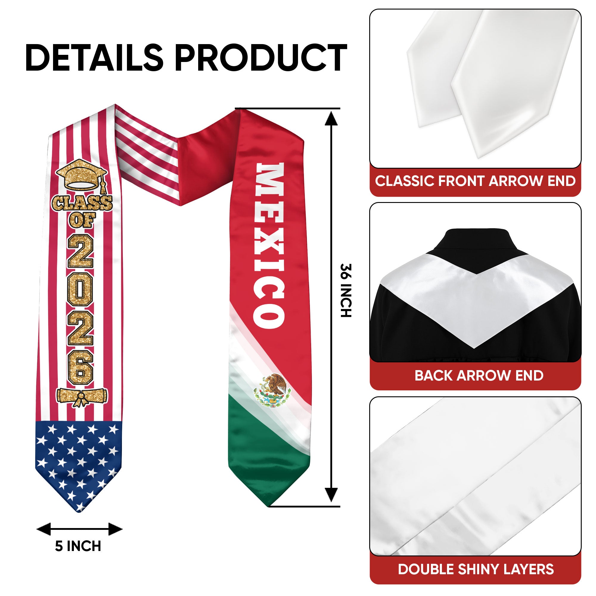Mexico Graduation Stole 2026, Mexican Sash for Graduation Day, Class of 2026 Celebration
