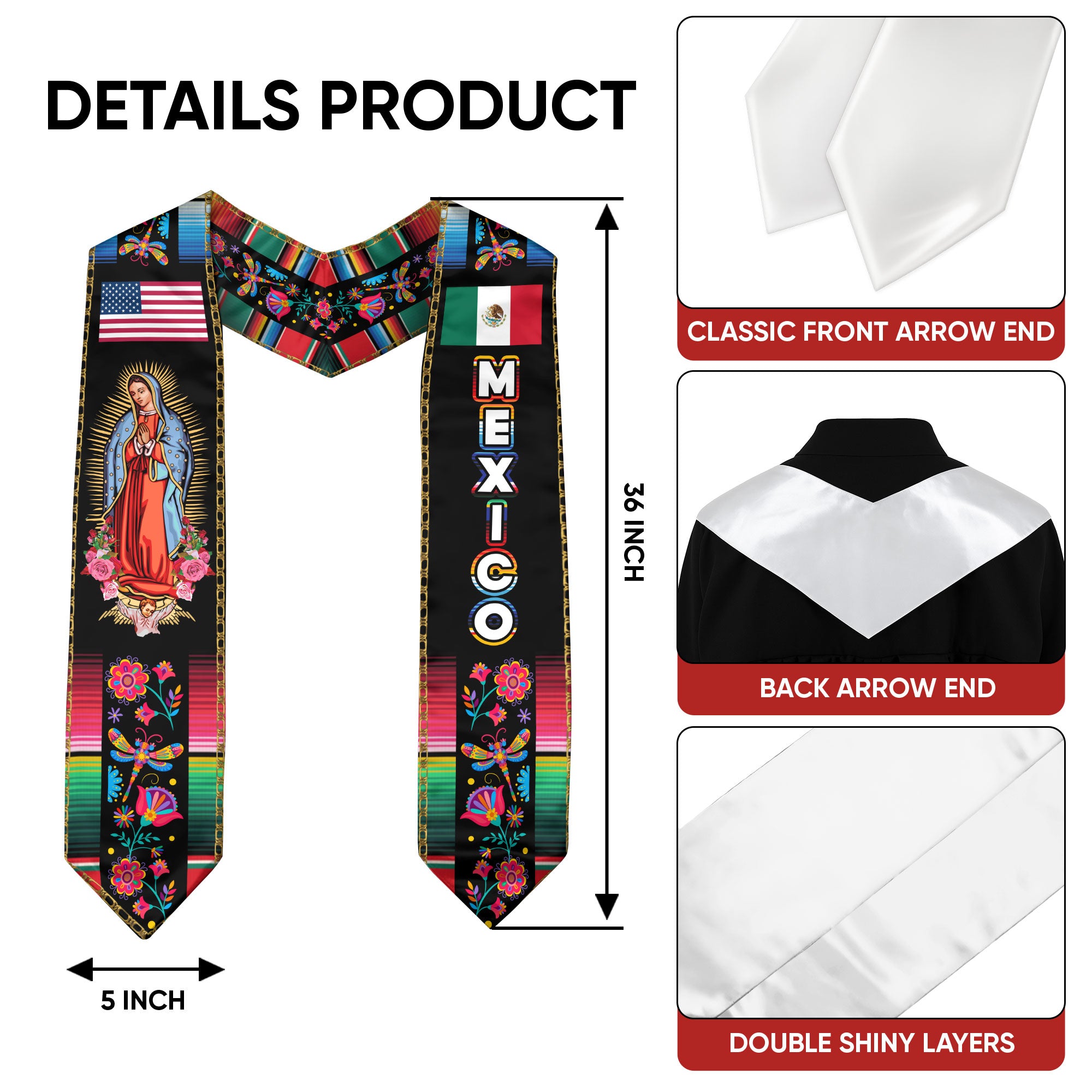 Mexico Flag Stole 2026, Mexican Graduation Sash for Ceremony, Class of 2026 Senior