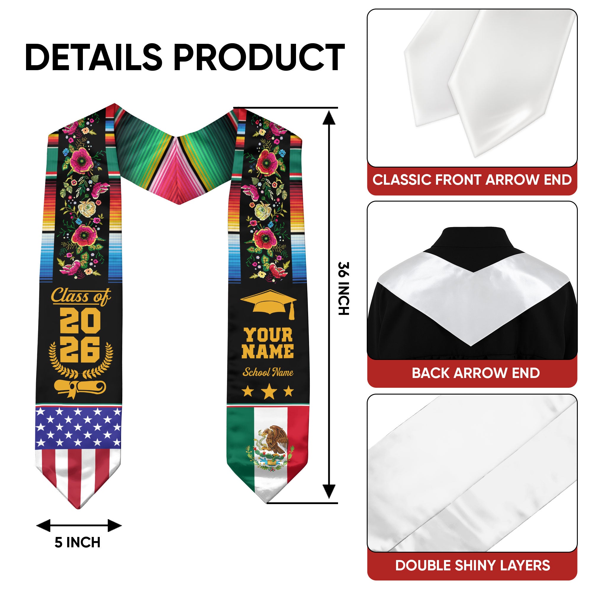 Custom Mexico Sash 2026 for Graduate, Personalized Mexican Stole for Graduation