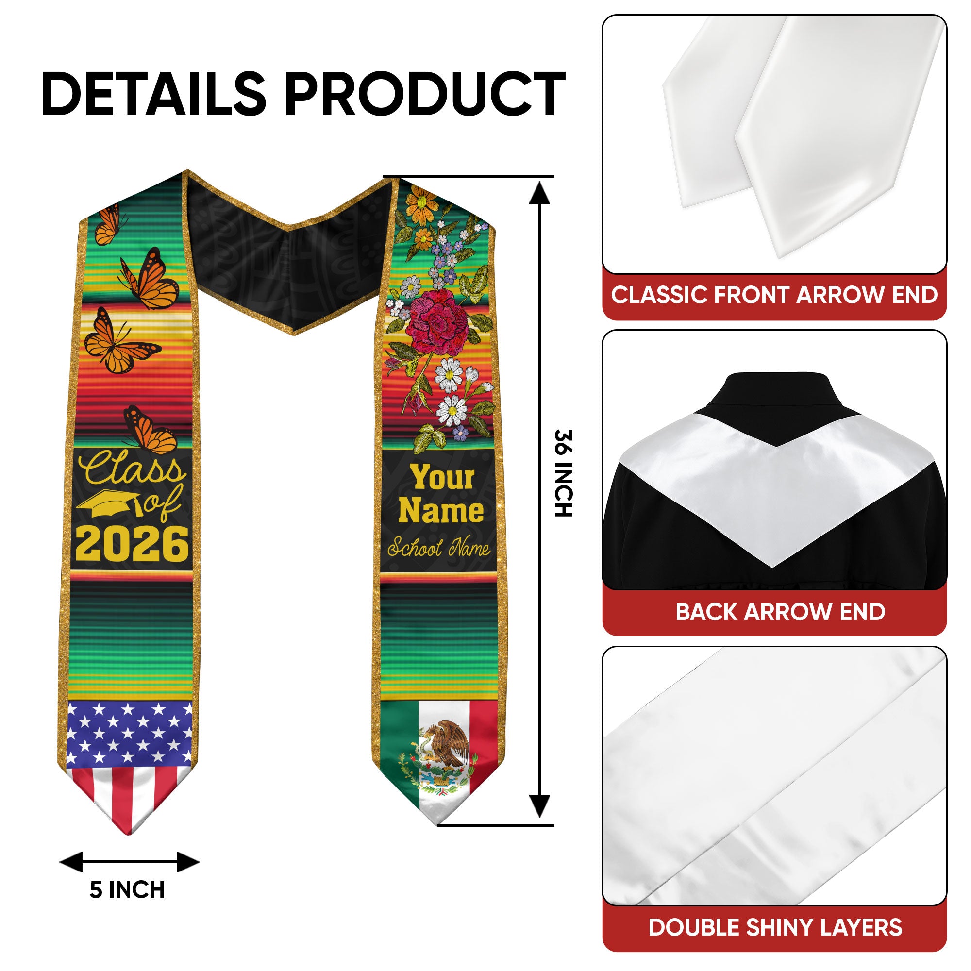 Mexico Graduation Sash 2026, Custom Mexican Stole Personalized for Graduate