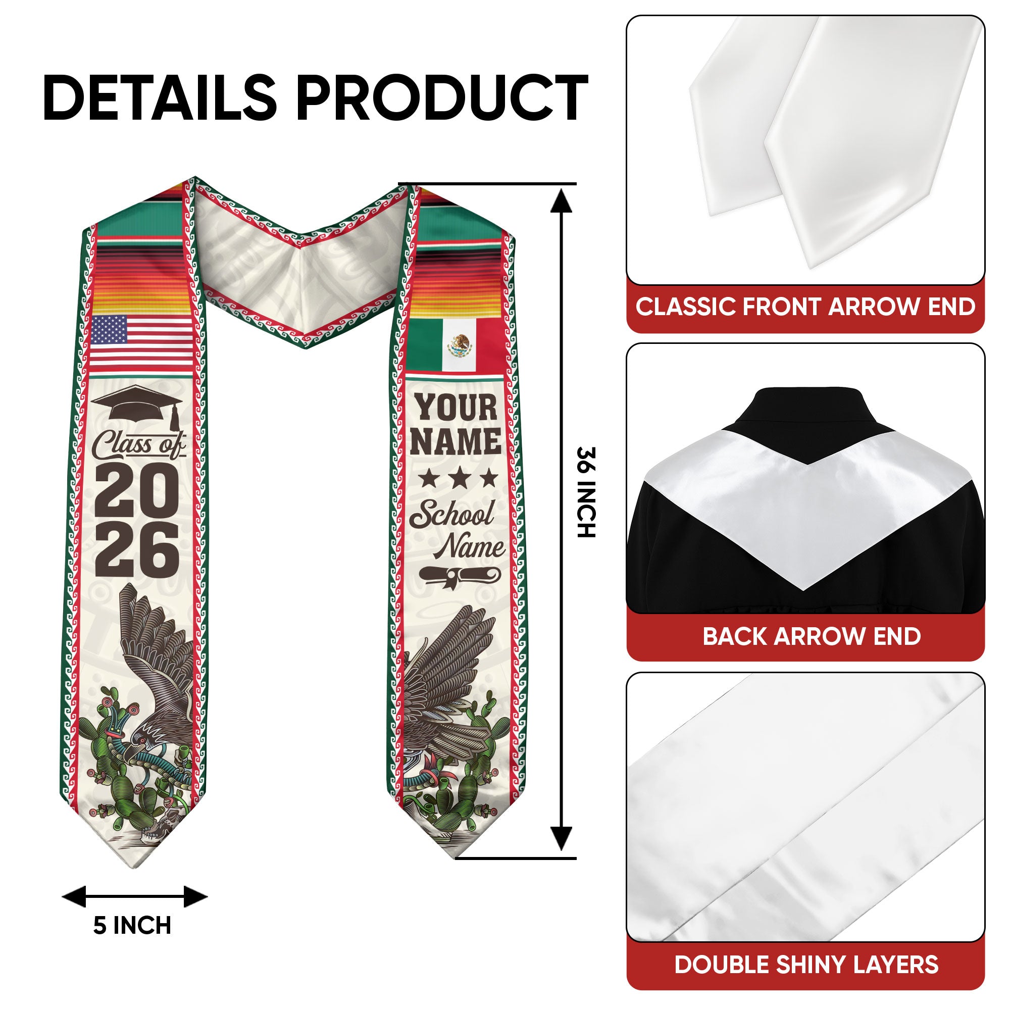 Mexican Graduate Sash 2026, Custom Personalized Stole for Graduation