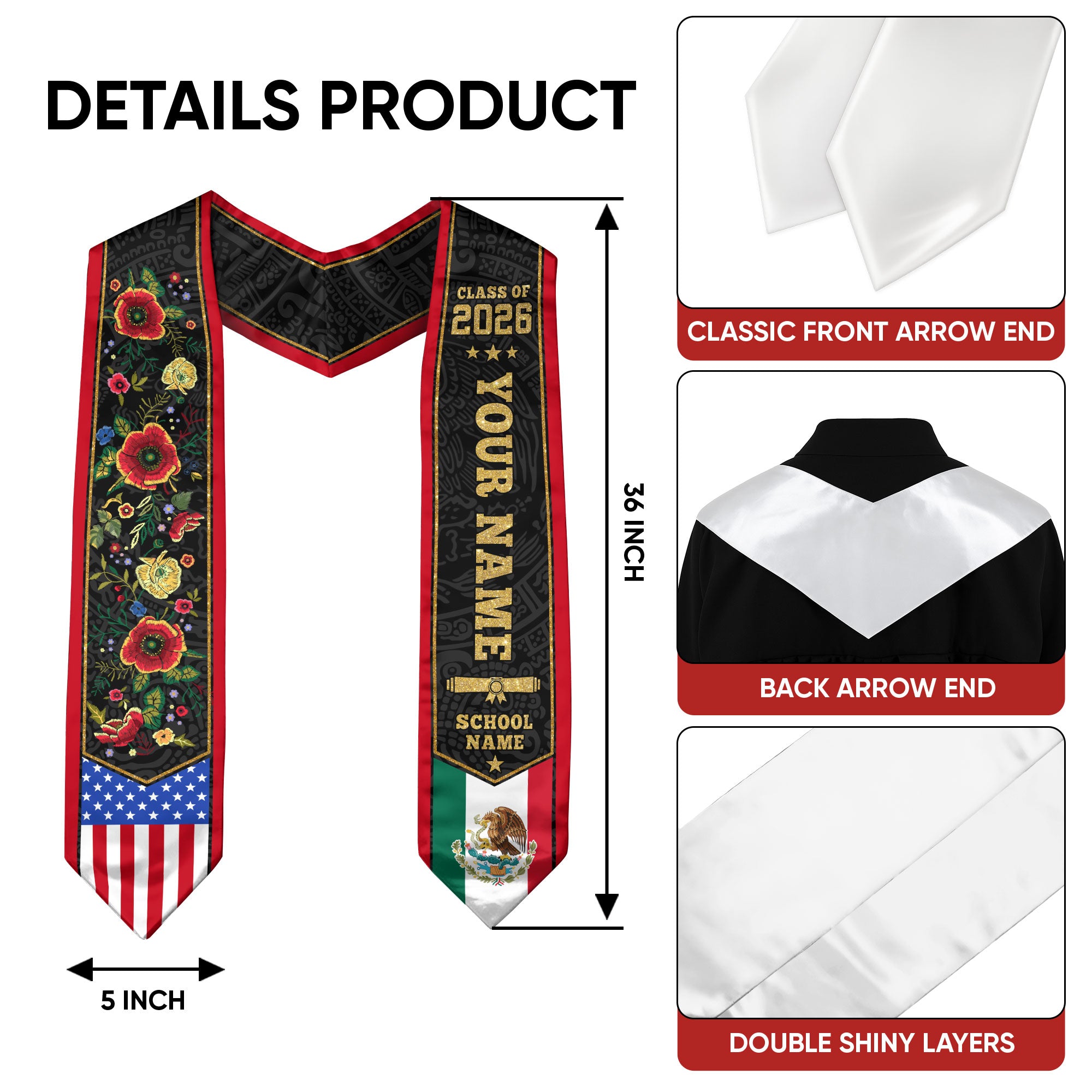 Custom Mexican Graduation Sash 2026, Mexican American Flag Stole, Mexico Grad