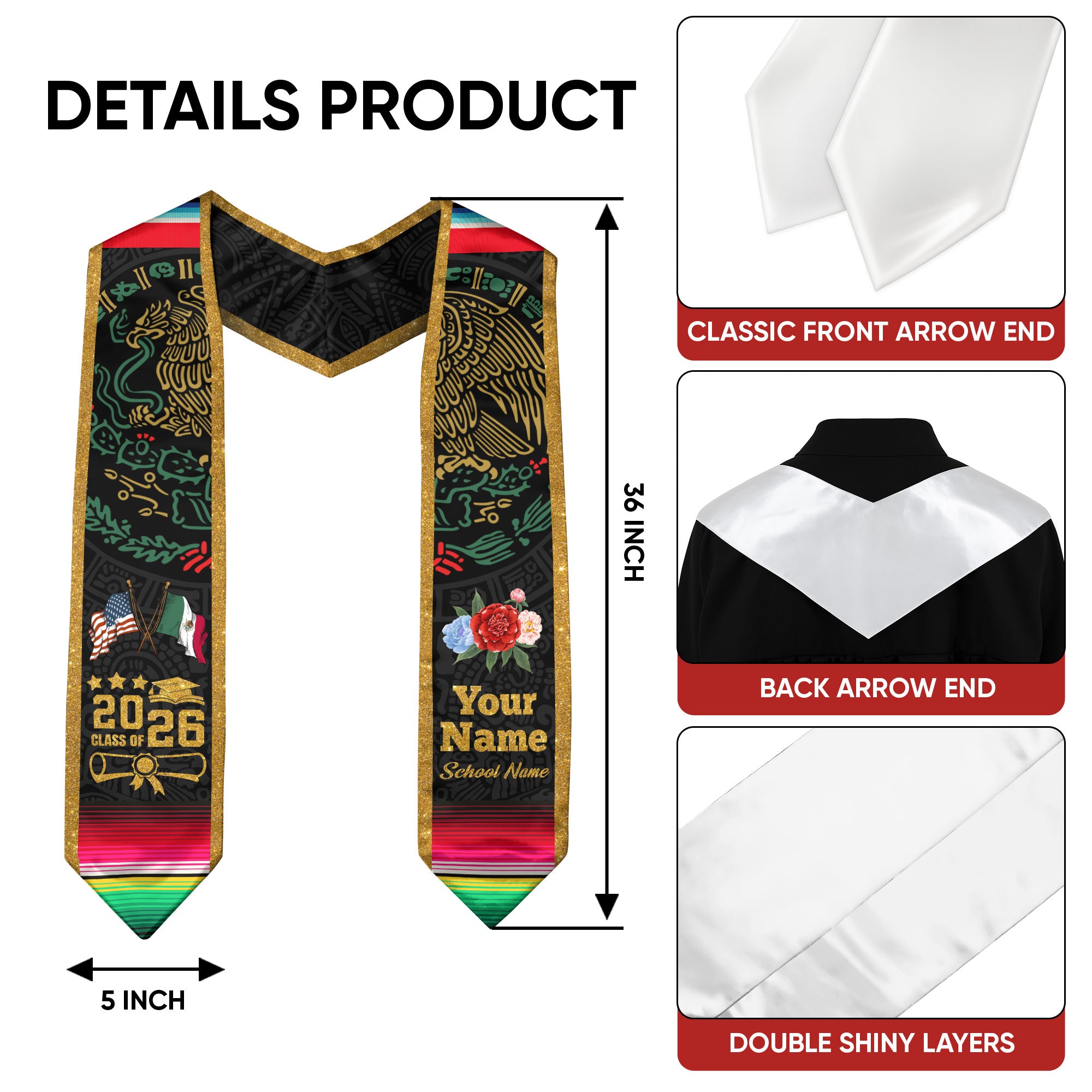 Mexican Graduation Stole 2026, Customized Sash, Mexican American Flag, Mexico Stole