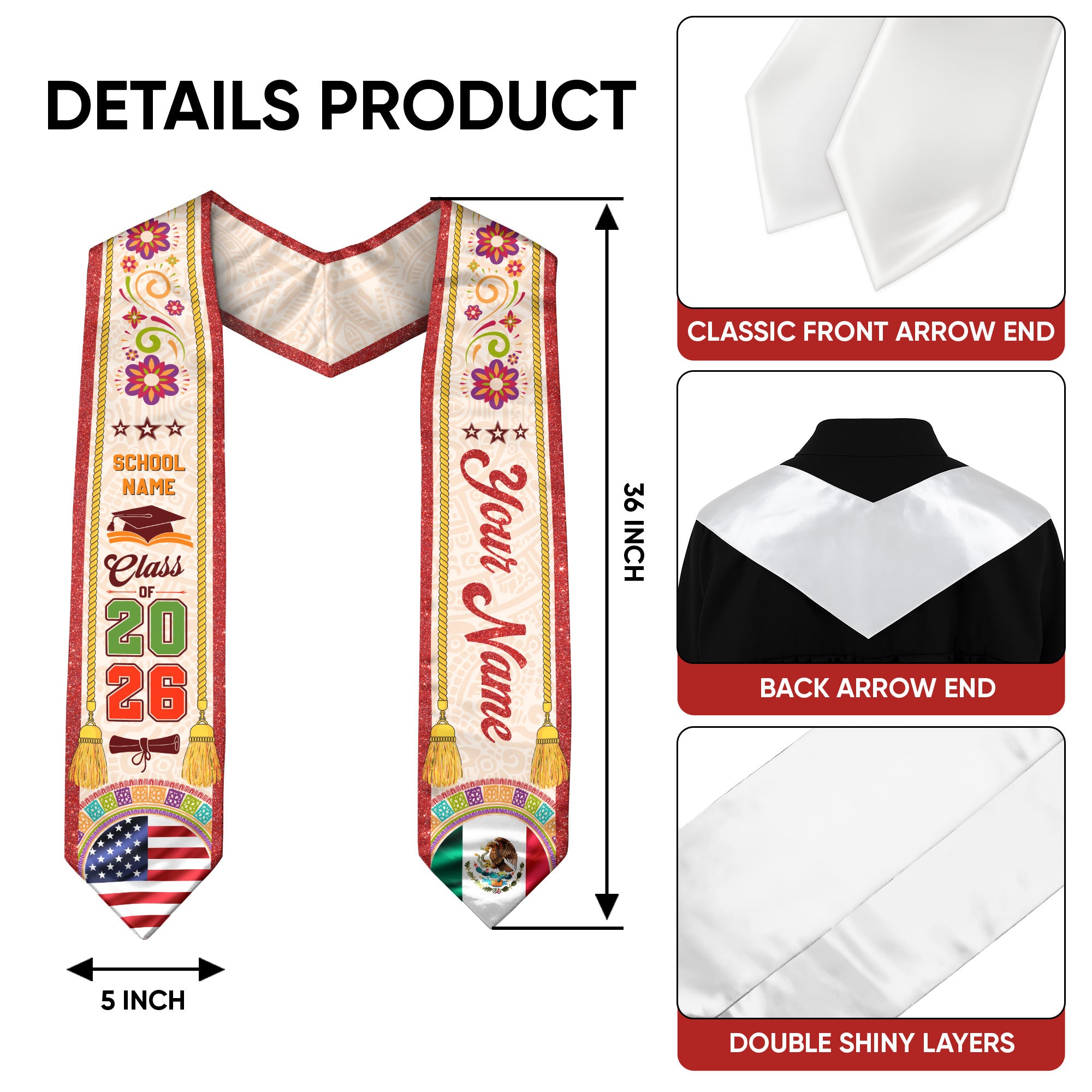 Customizable Mexico Graduation Stole 2026, Mexican Stole, Mexican American Flag Sash