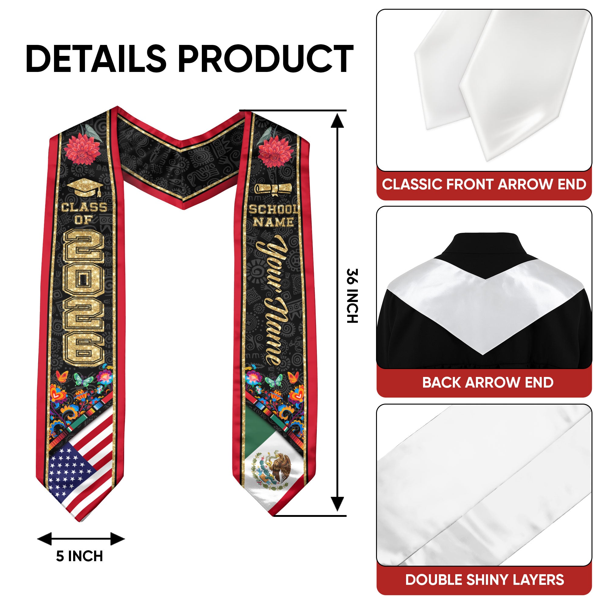 Mexican Sash 2026 Custom, Mexico Graduation Stole, Personalized Graduate Senior Stole