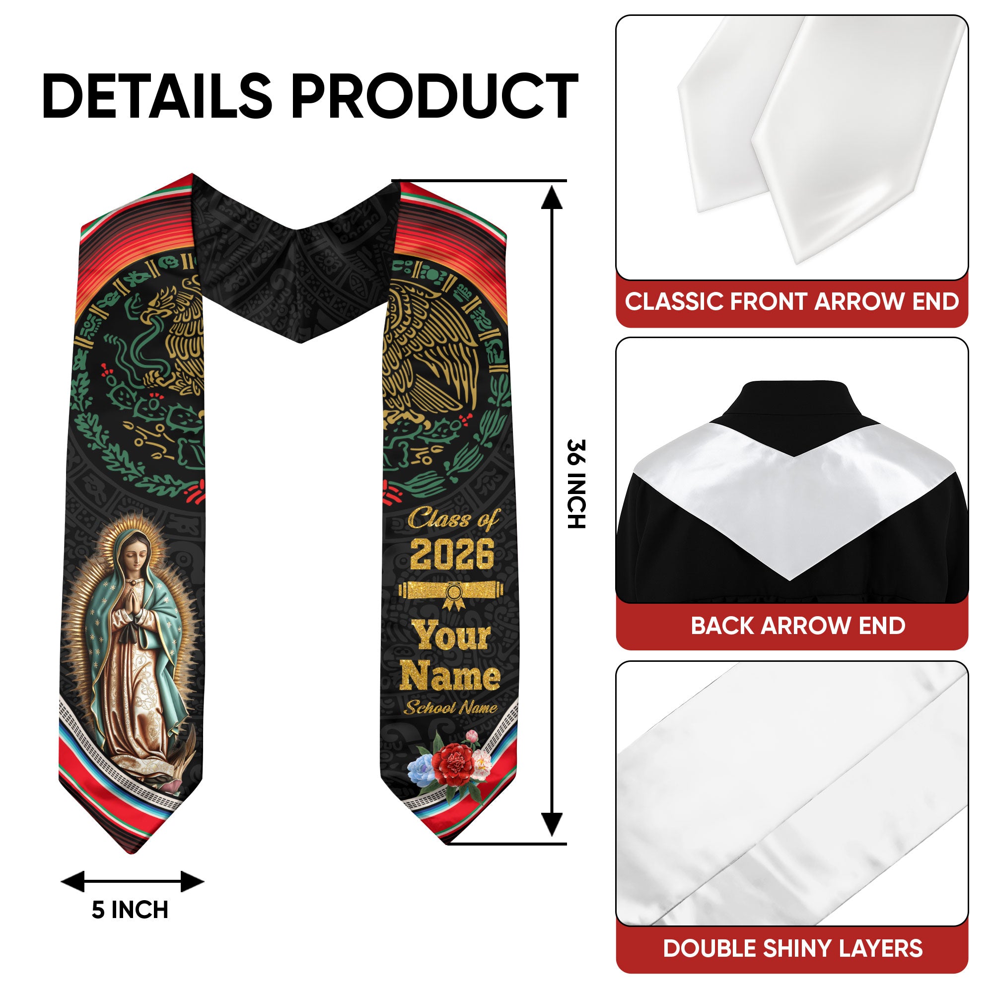 Personalized Mexican Graduation Stole 2026, Custom Mexico Sash for Graduate, Premium Mexican Stole for Graduation Day