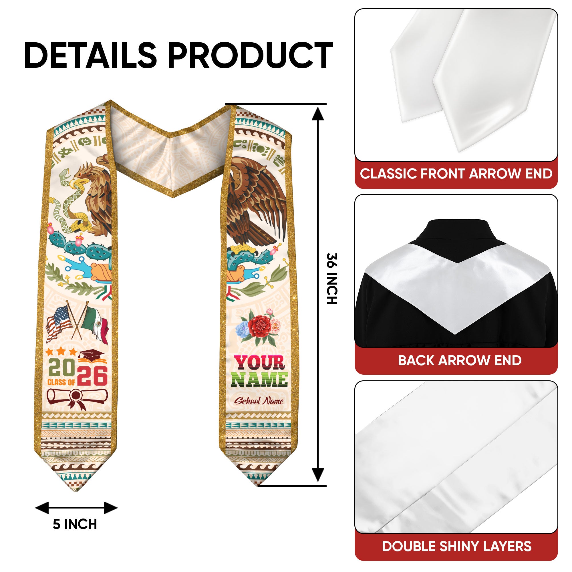 Custom Mexico Graduation Stole 2026, Personalized Mexican Sash for Graduate, Elegant Graduation Stole for Mexican Graduate