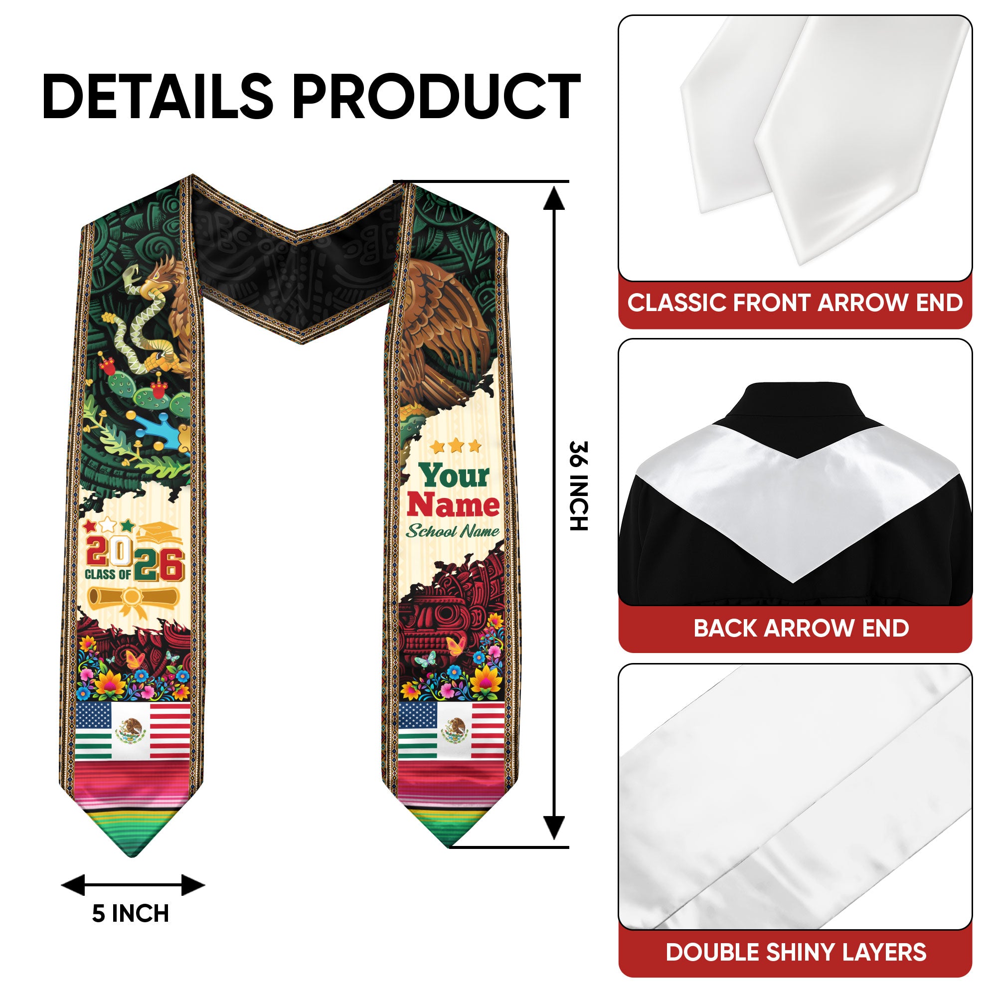 Personalized Mexican Graduate Sash 2026, Custom Mexico Stole for Graduation