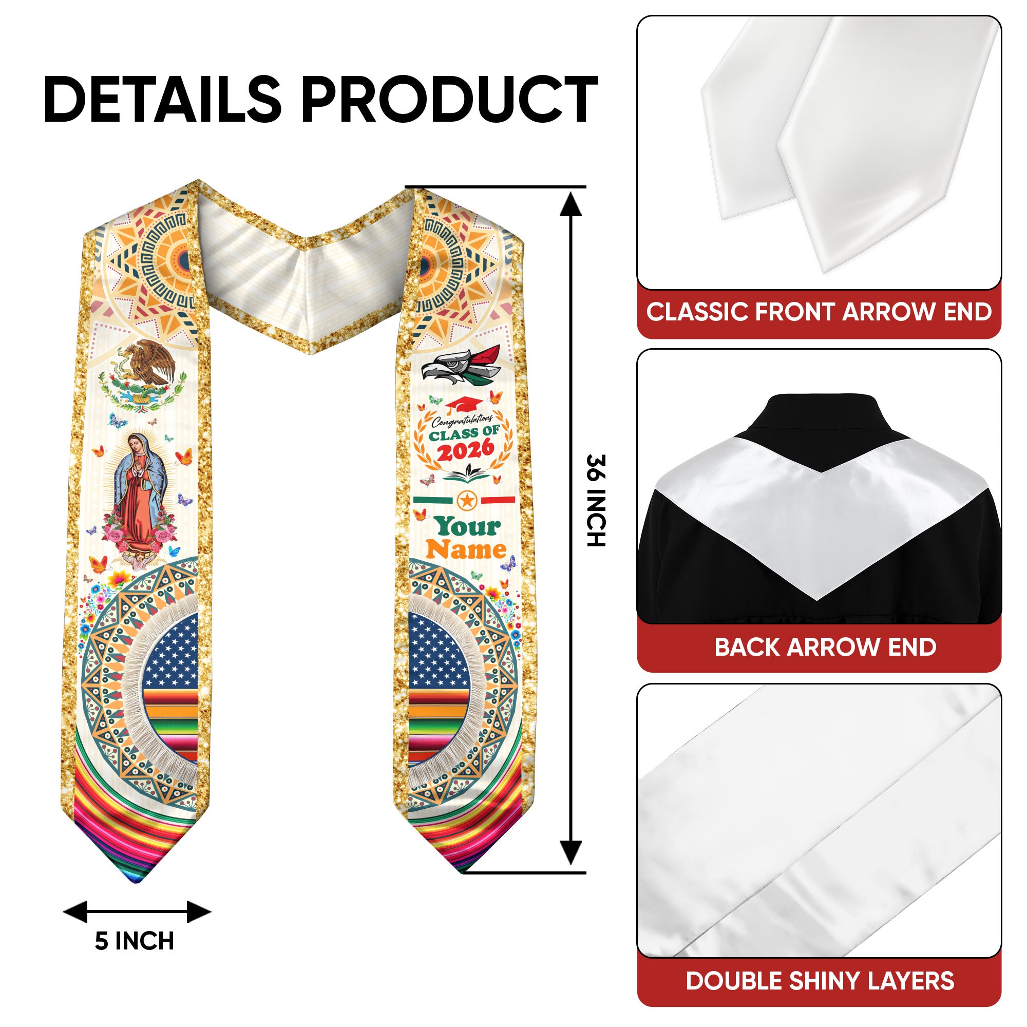 Custom Mexico Stole 2026 for Graduate, Personalized Mexican Graduation Sash