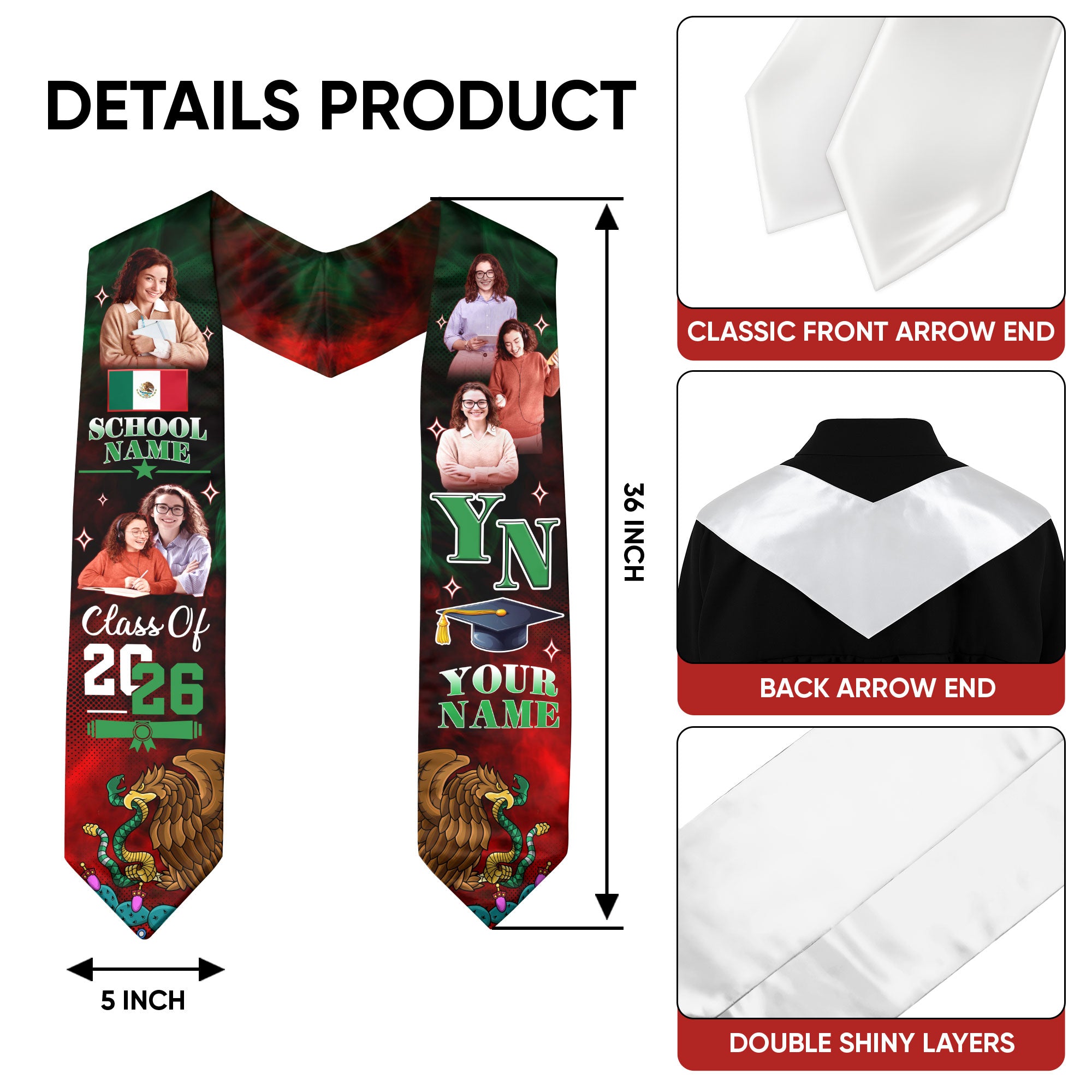 Custom Photo Mexico Aztec Graduation Stole 2026, Mexican Graduate Sash Honoring Heritage