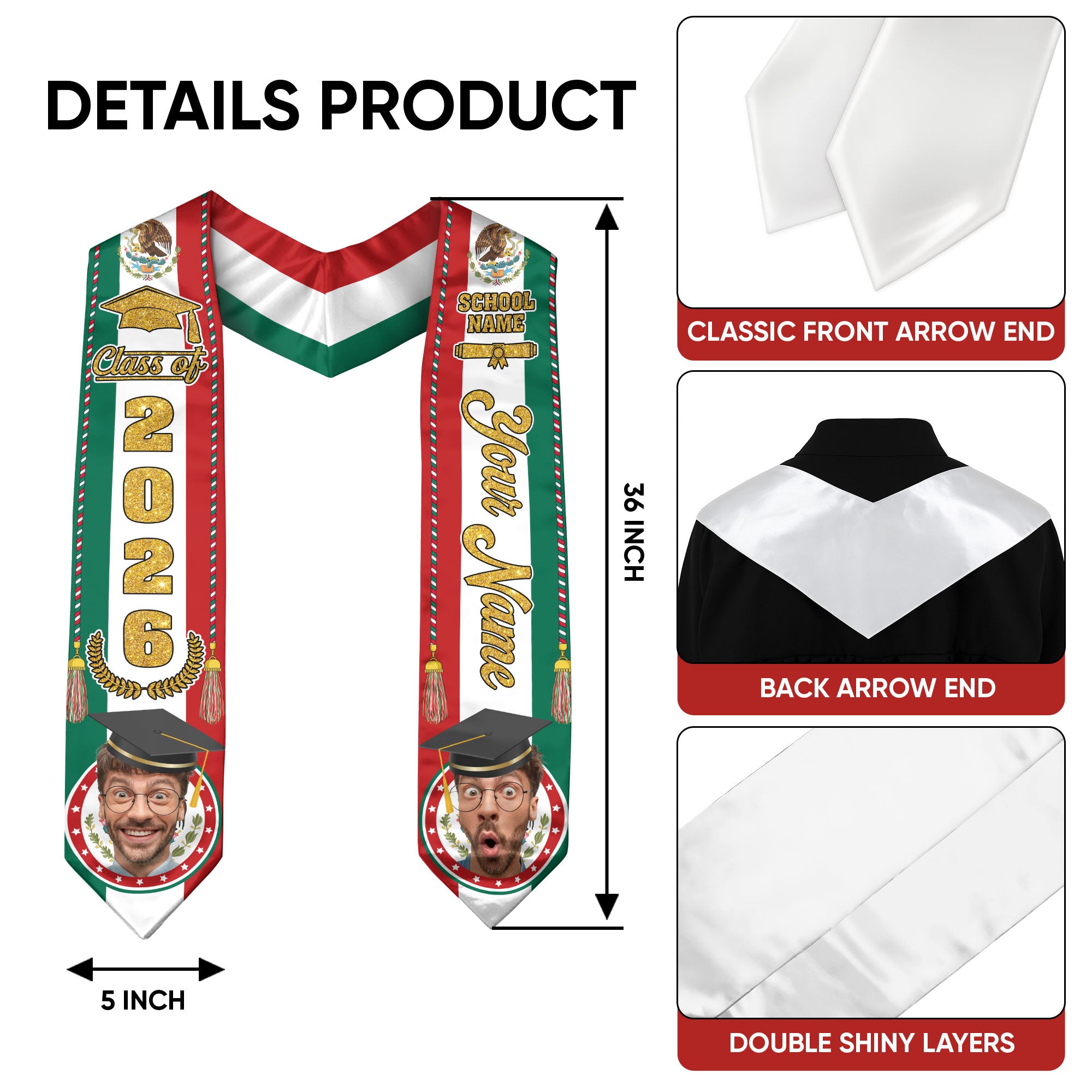 Custom Photo Mexican Aztec Stole 2026, Graduation Sash for Graduate Celebrating Mexico Pride