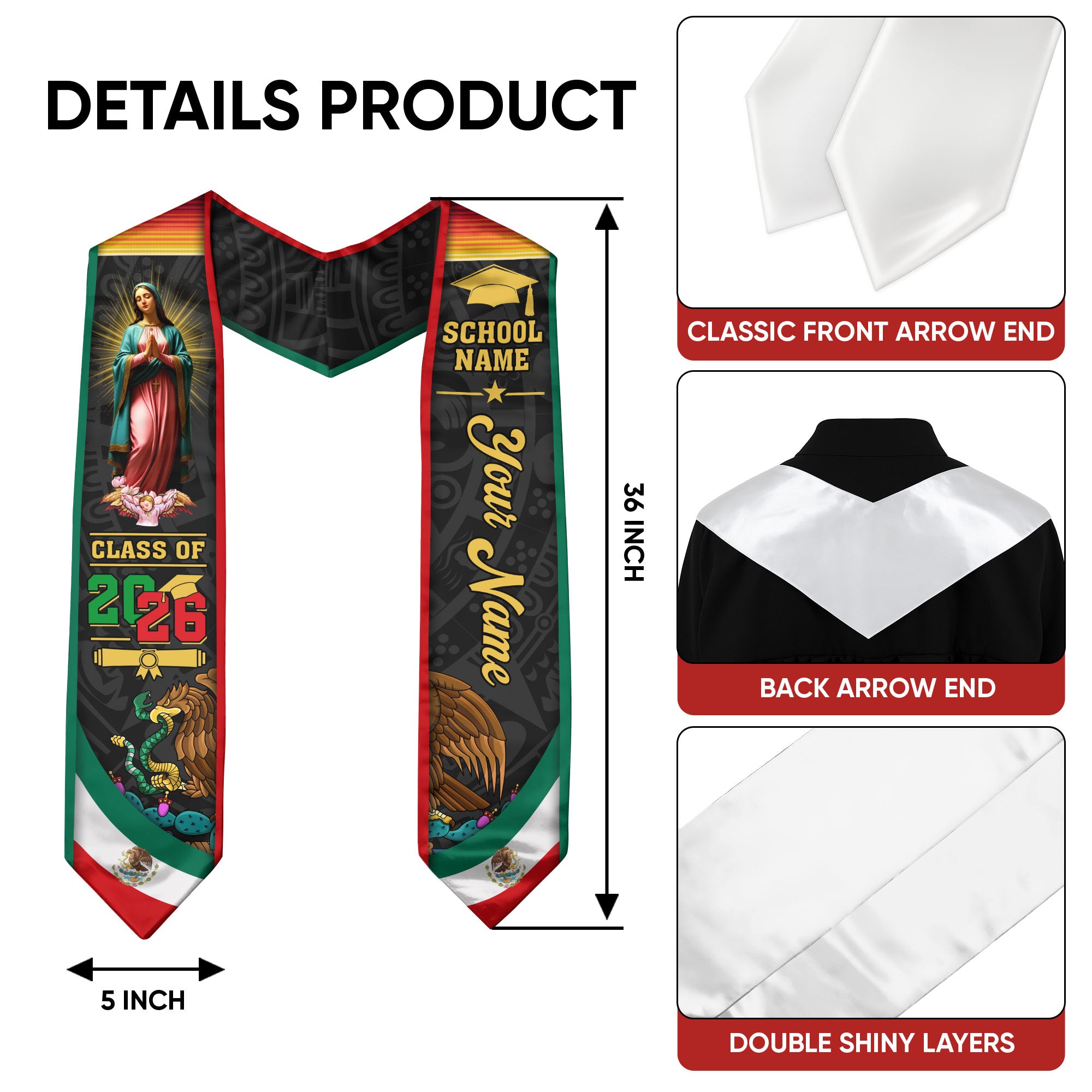 Mexico Mexican Aztec Stole 2026, Custom Graduation Sash for Distinguished Graduate