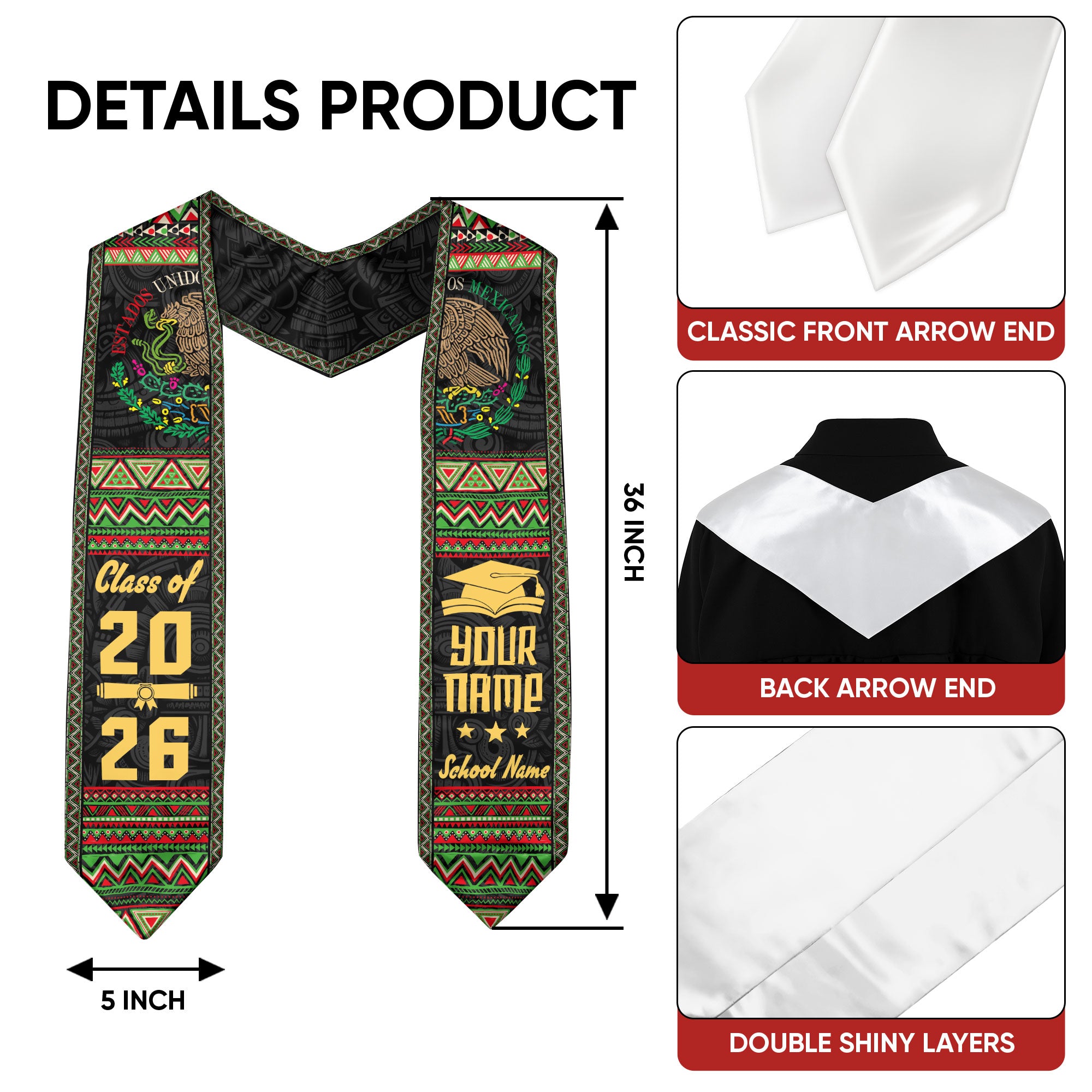 Custom Mexico Graduation Stole 2026 Aztec, Mexican Sash for Graduate Pride