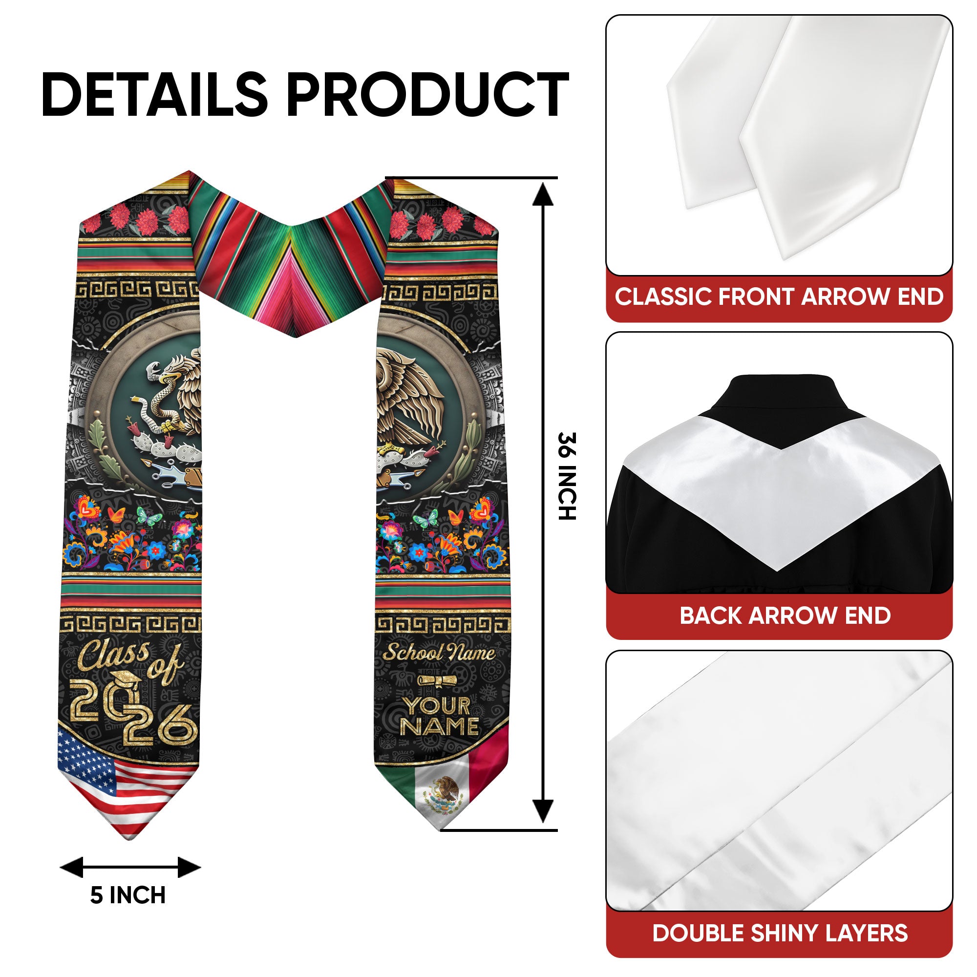 Personalized Mexico Graduate Stole 2026, Custom Mexican Sash for Graduation