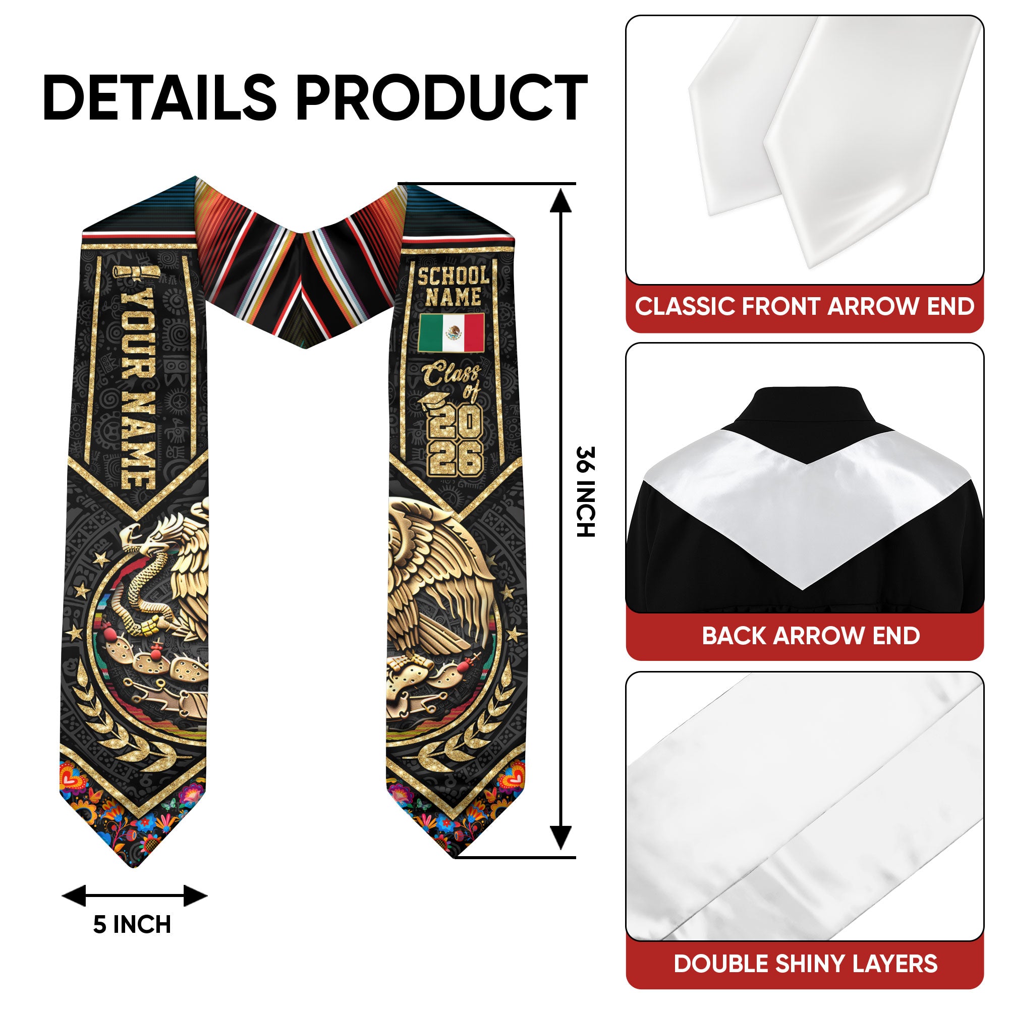 Custom Mexico Mexican Stole 2026, Graduation Sash for College Graduate