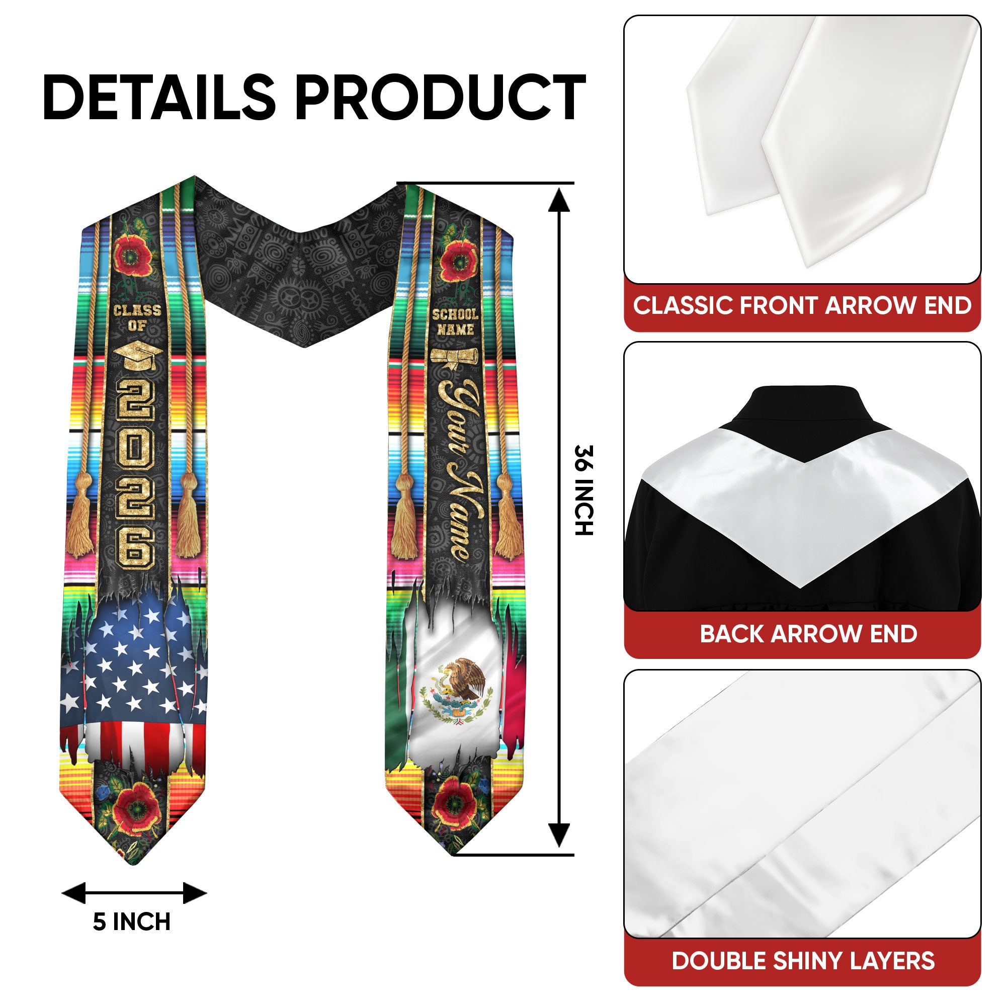 Custom Mexican Sash Mexico 2026, Graduation Stole for Senior Graduate