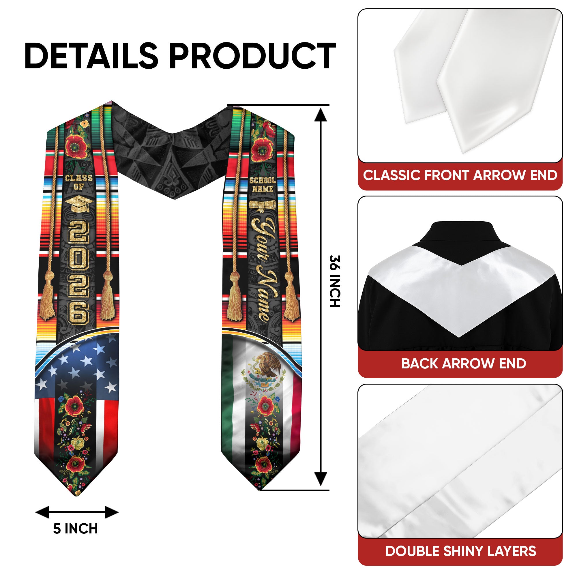 Personalized Mexico Graduation Stole 2026, Custom Mexican Sash for Class Graduate