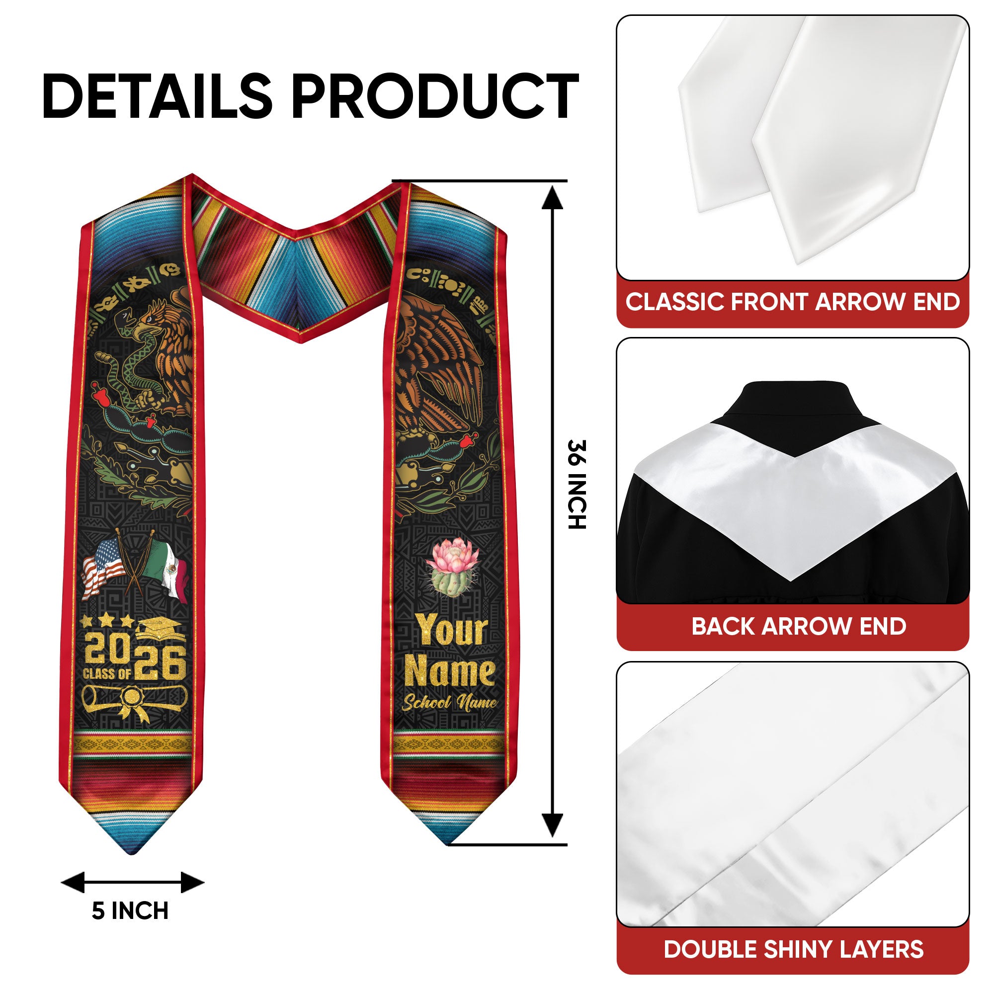 Aztec Mexico Custom Graduation Stole 2026, Mexican Sash for Graduate Honor