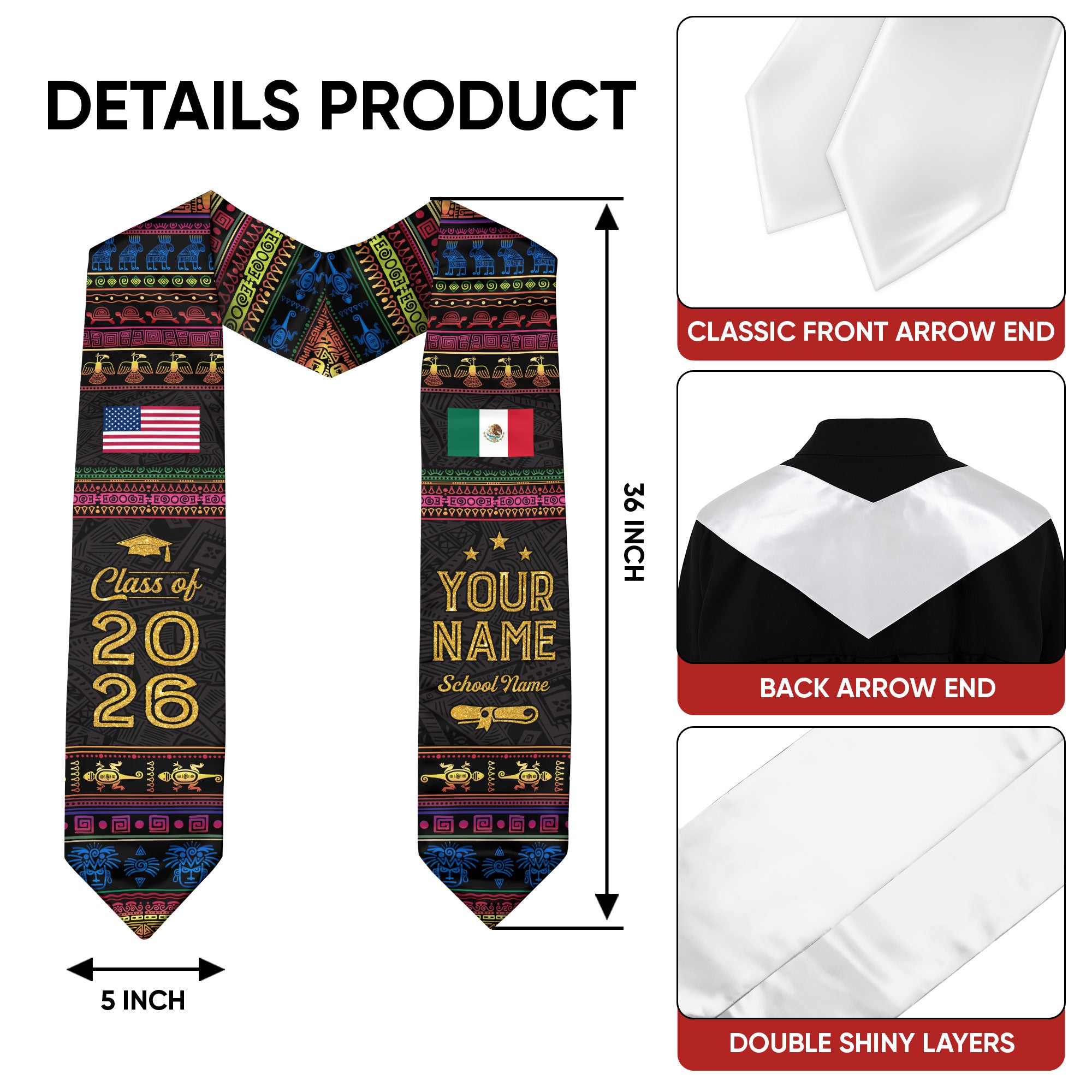 Mexico Mexican Aztec Custom Stole 2026, Graduation Sash for Graduate Pride