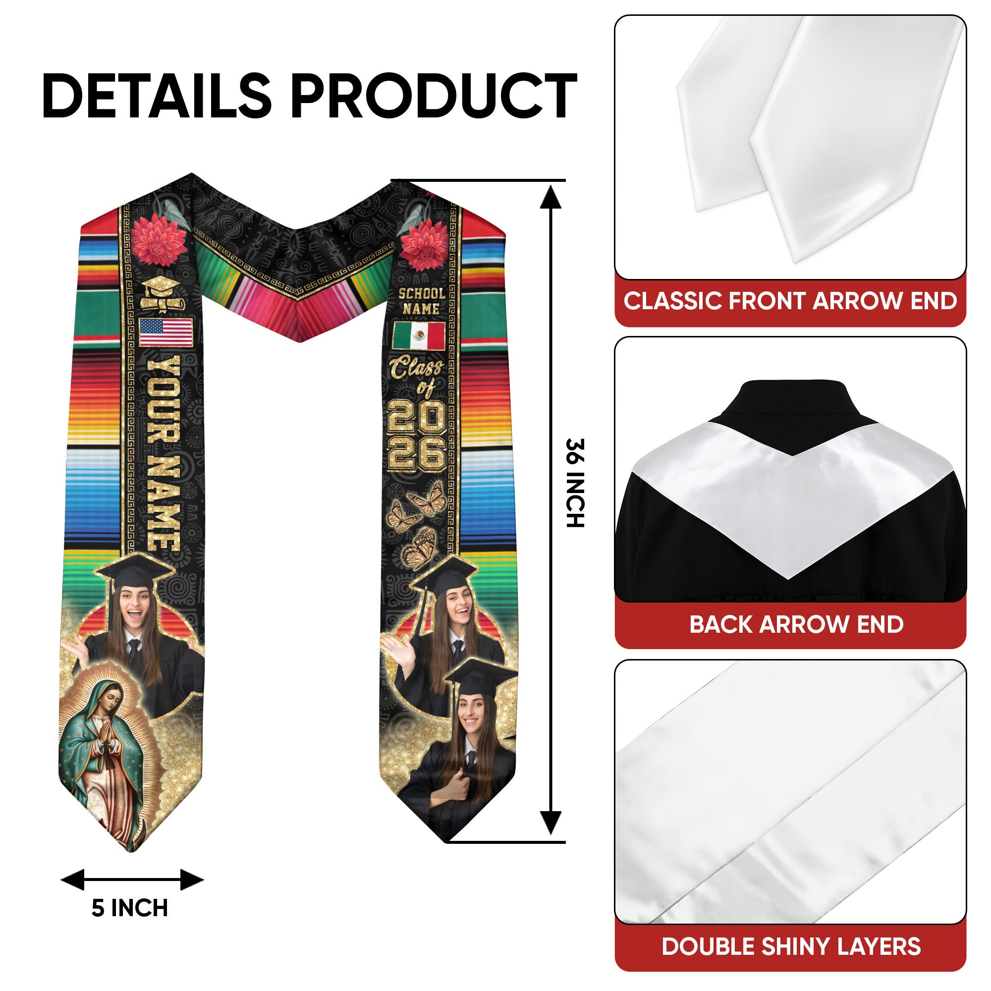 Graduation Stole Mexican with Aztec Patterns Serape USA & Mexico Flag Custom Photo Sash 2026