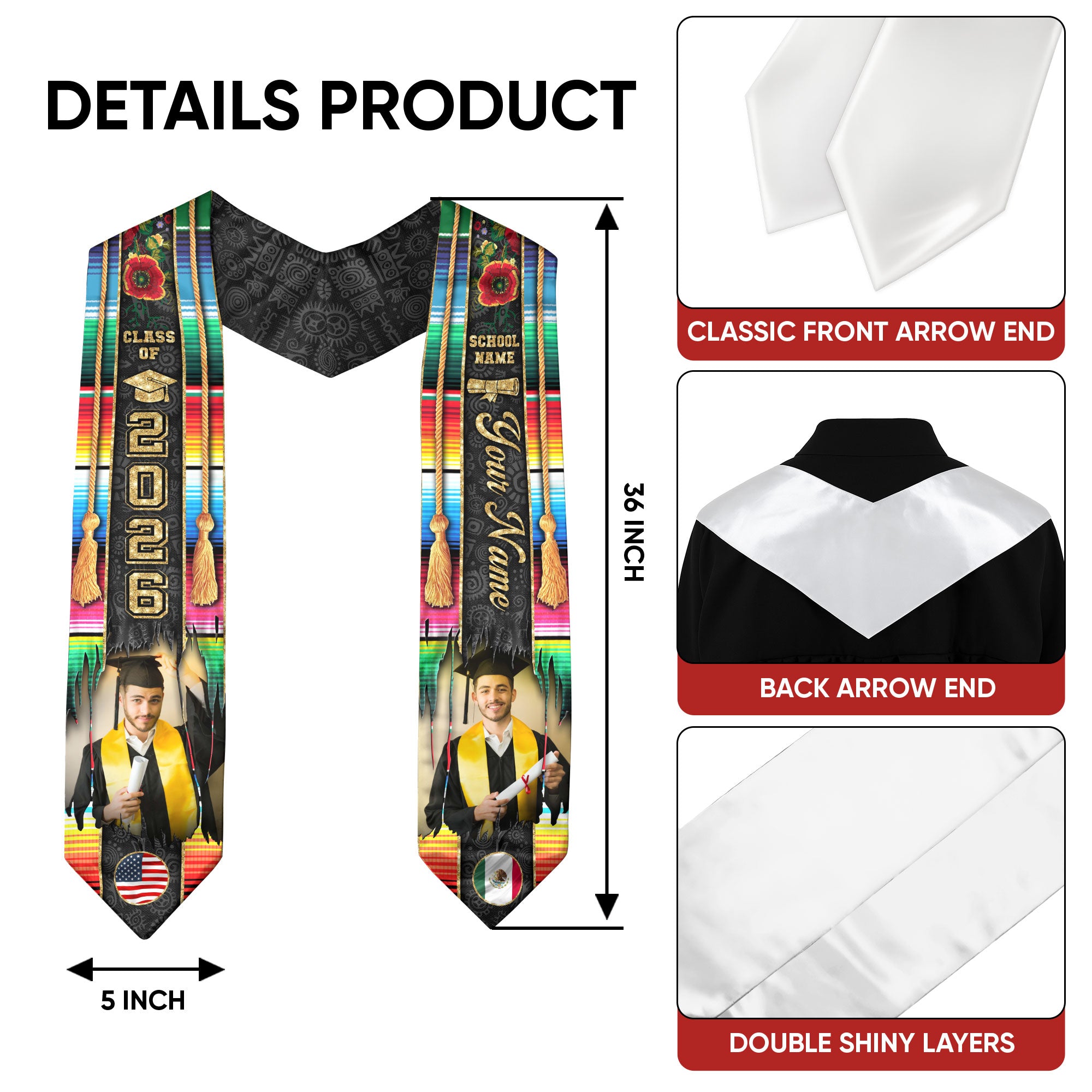 Custom Photo Mexican Graduation Stole 2026 Aztec Serape Rose USA Mexico Flag Sash