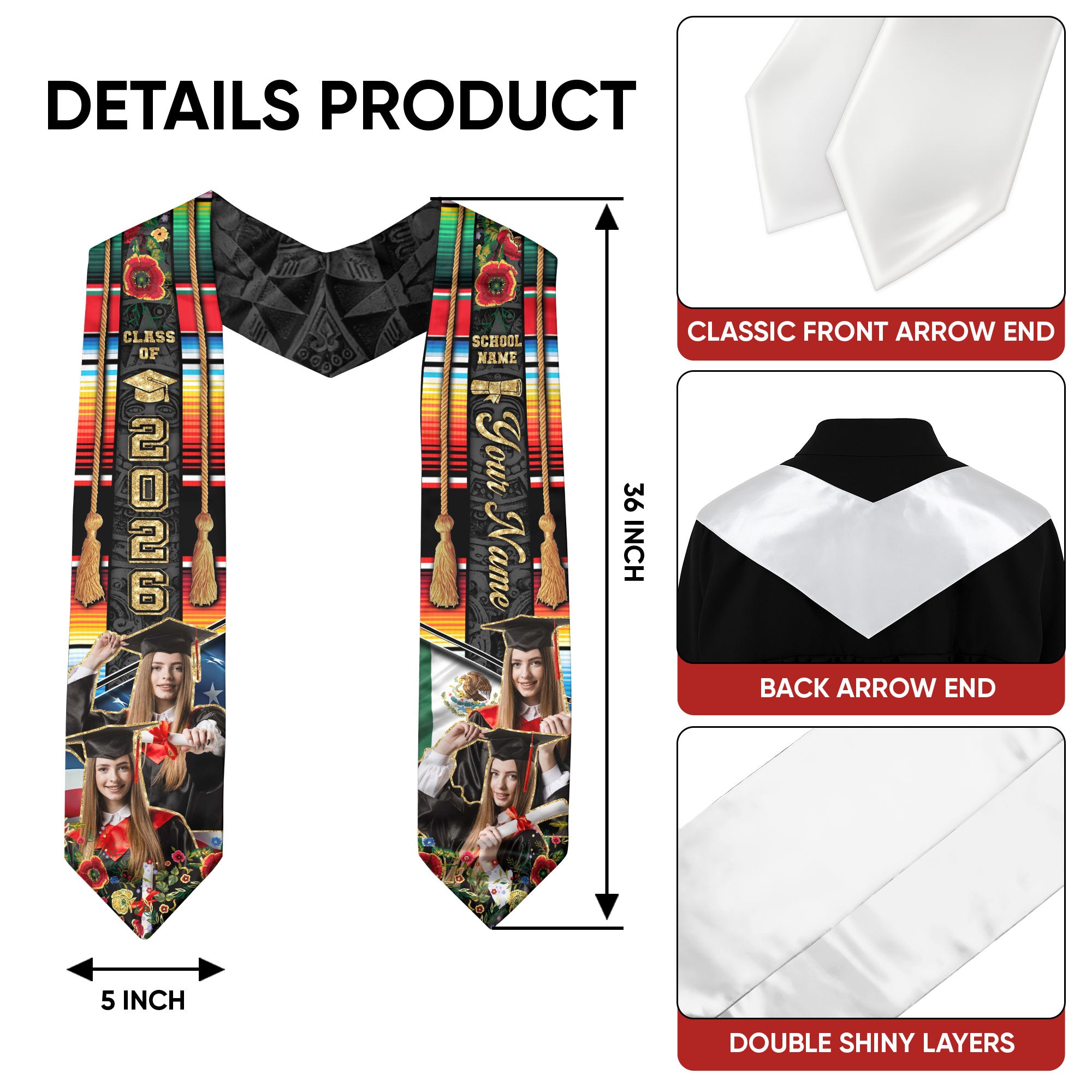 Custom Mexican Graduation Sash 2026 Aztec Patterns Serape Rose USA Mexico Flag Photo