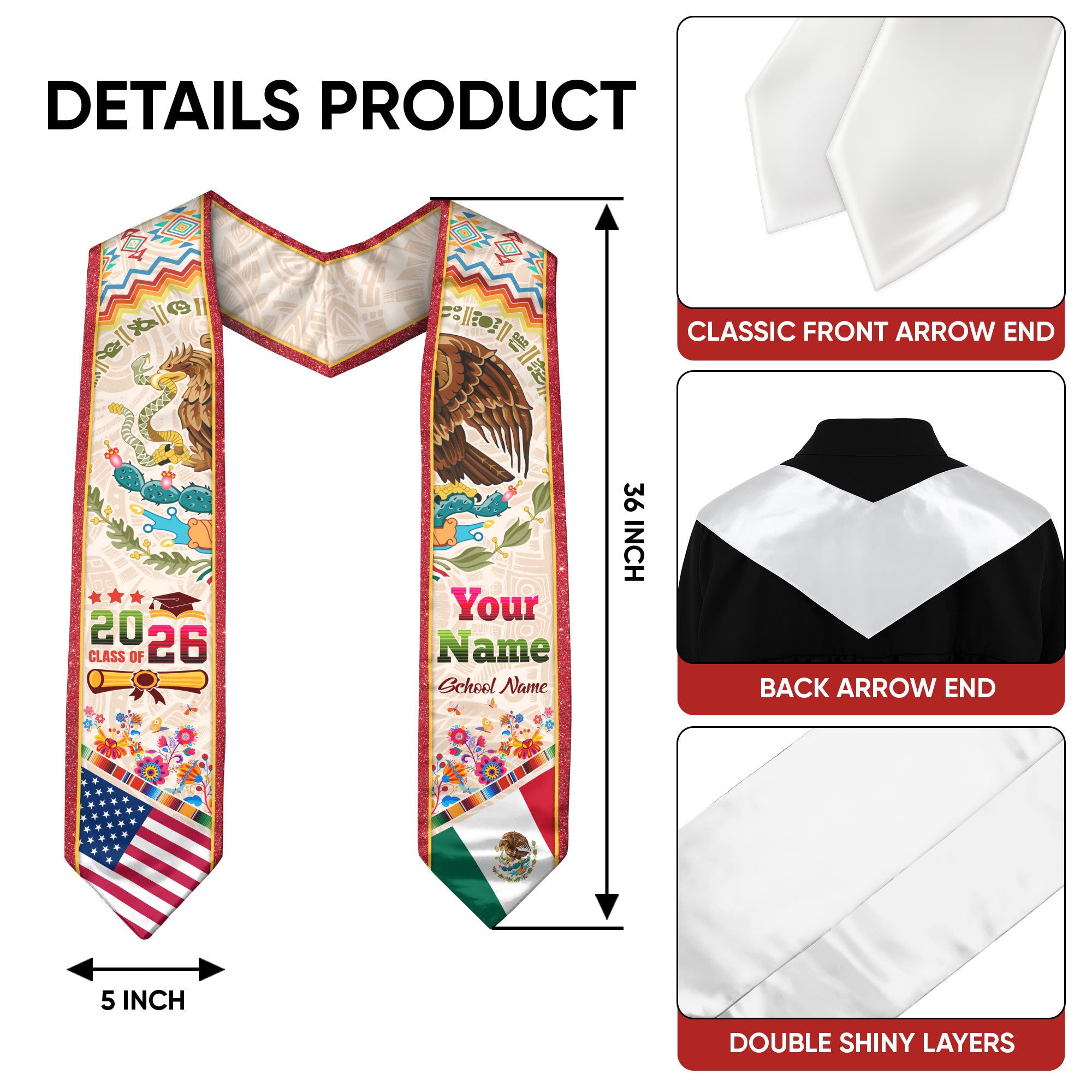 Personalized 2026 Graduation Stole – USA & Mexico Eagle Heritage Senior Sash with Serape Pattern Design