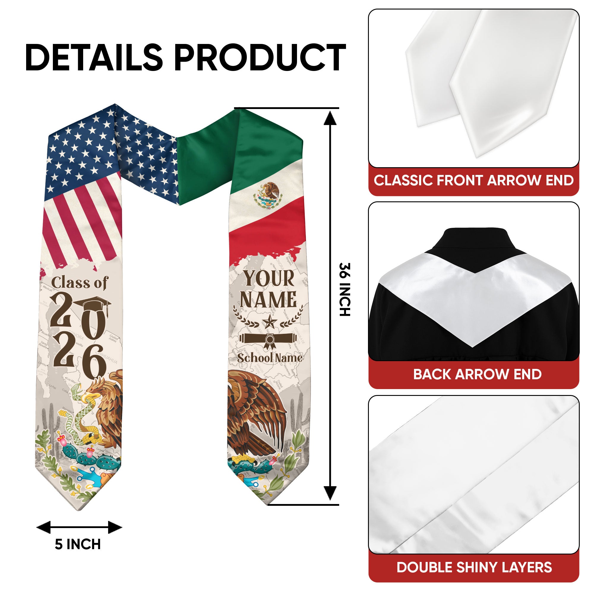 Custom Class of 2026 Graduation Stole – USA & Mexico Flag Senior Sash with Eagle Crest Design