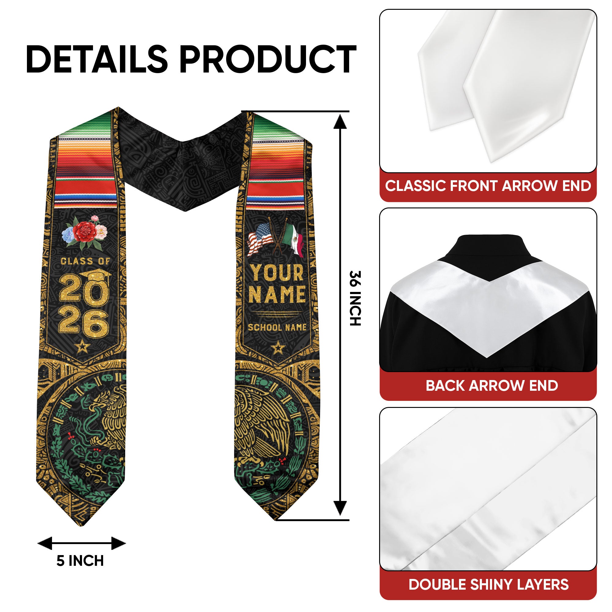 Personalized Class of 2026 Graduation Stole – Black & Gold USA Mexico Heritage Senior Sash with Serape Accent