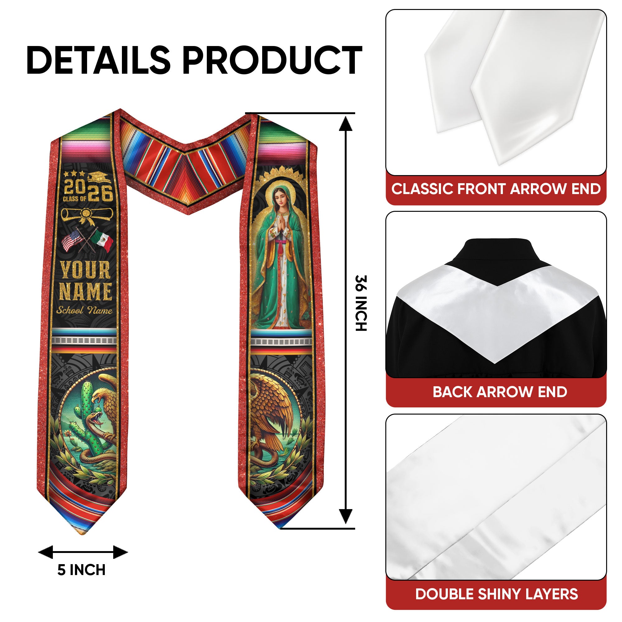 Virgen de Guadalupe 2026 Graduation Stole – Custom USA & Mexico Senior Sash with Eagle Emblem & Serape Detail
