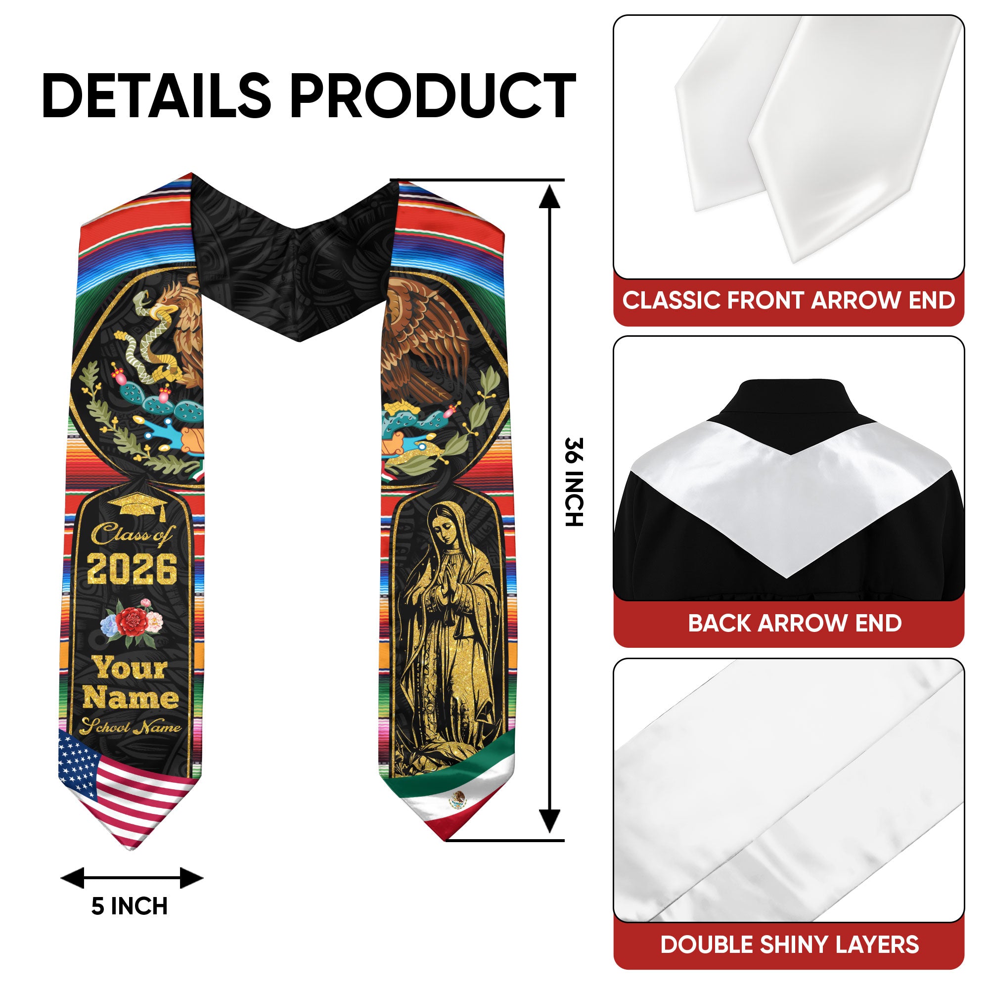 Class of 2026 Heritage Graduation Stole – Personalized USA & Mexico Sash with Golden Virgen & Eagle Crest