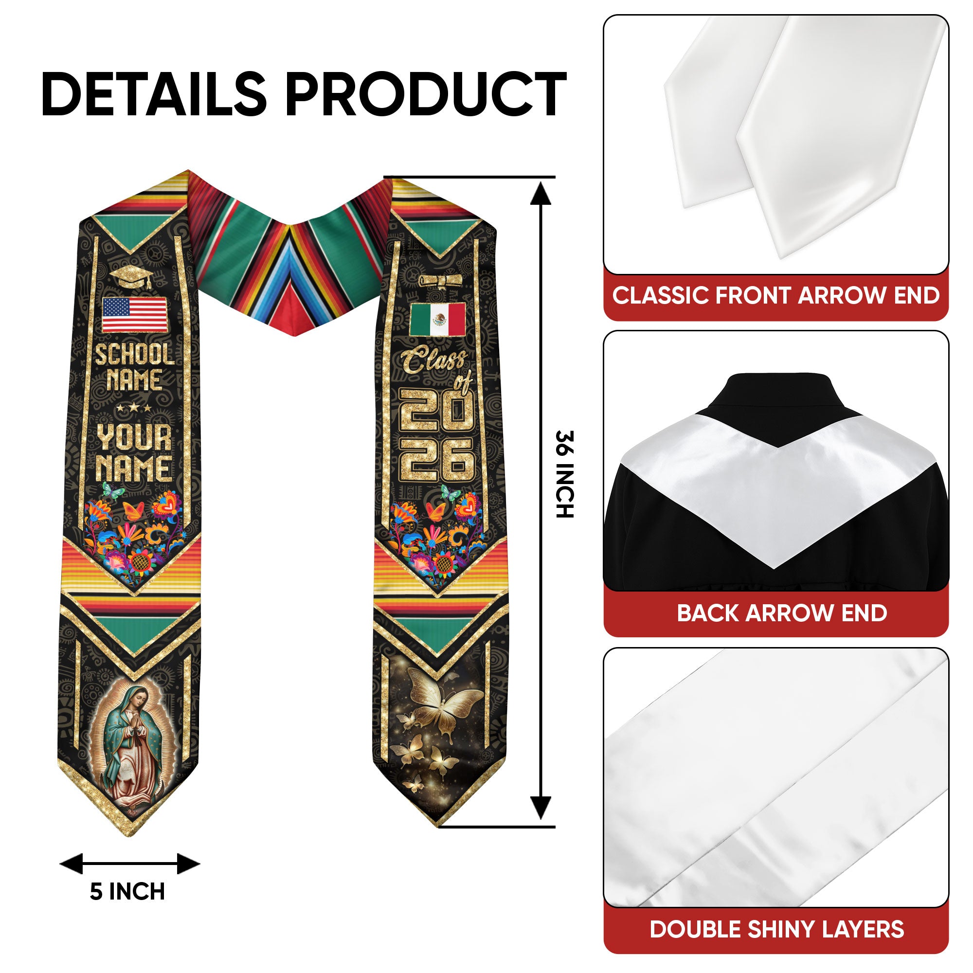 Custom Virgen de Guadalupe 2026 Graduation Stole – Personalized Mexican Heritage Class Sash
