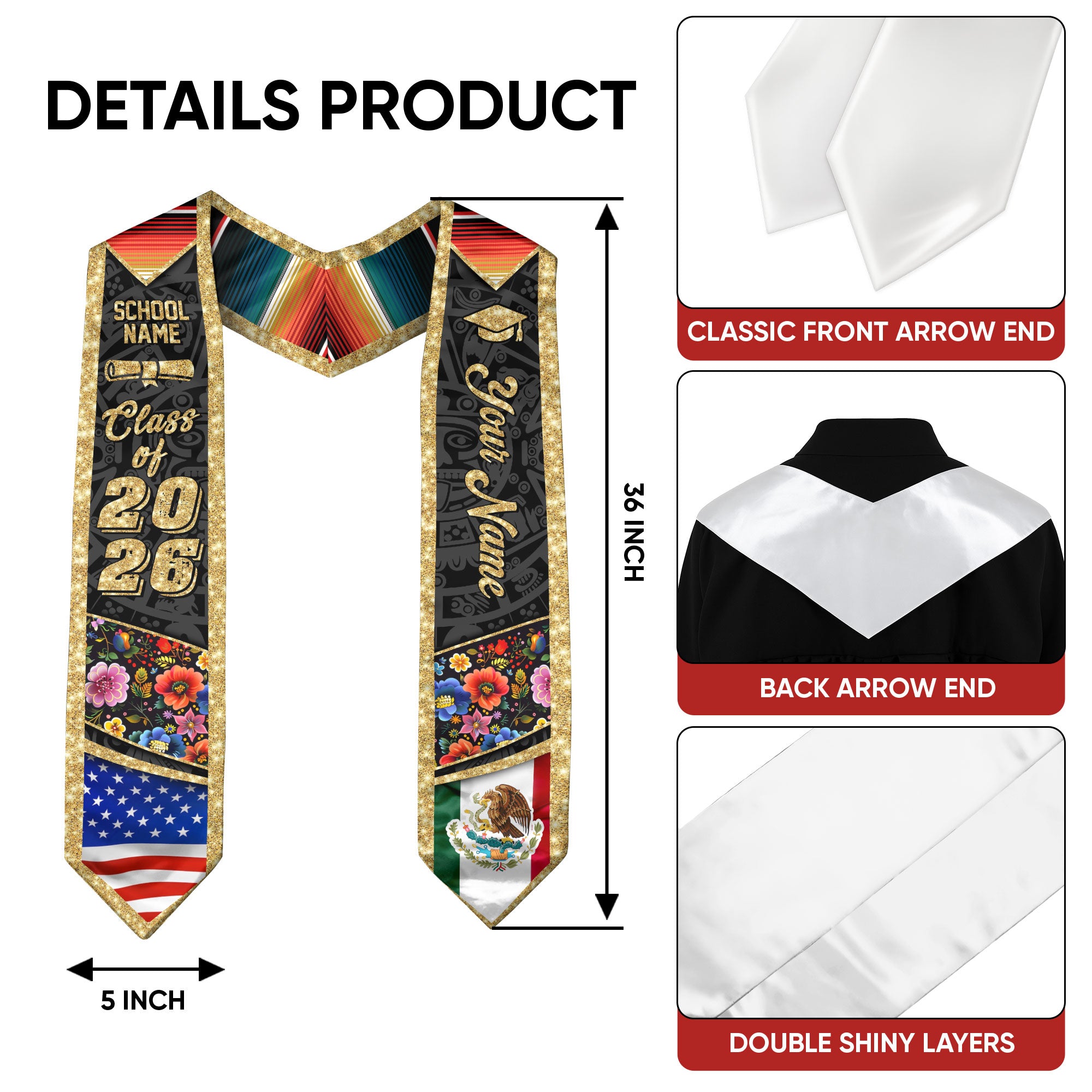 Custom Class of 2026 Graduation Stole – Personalized USA & Mexico Flag Senior Sash with Floral Gold Design