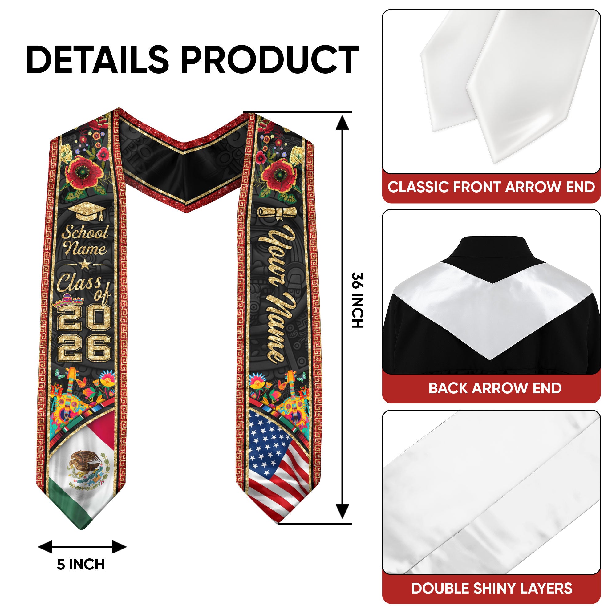 Personalized 2026 Graduation Stole – Mexican & American Heritage Senior Sash with Red Floral Gold Detail