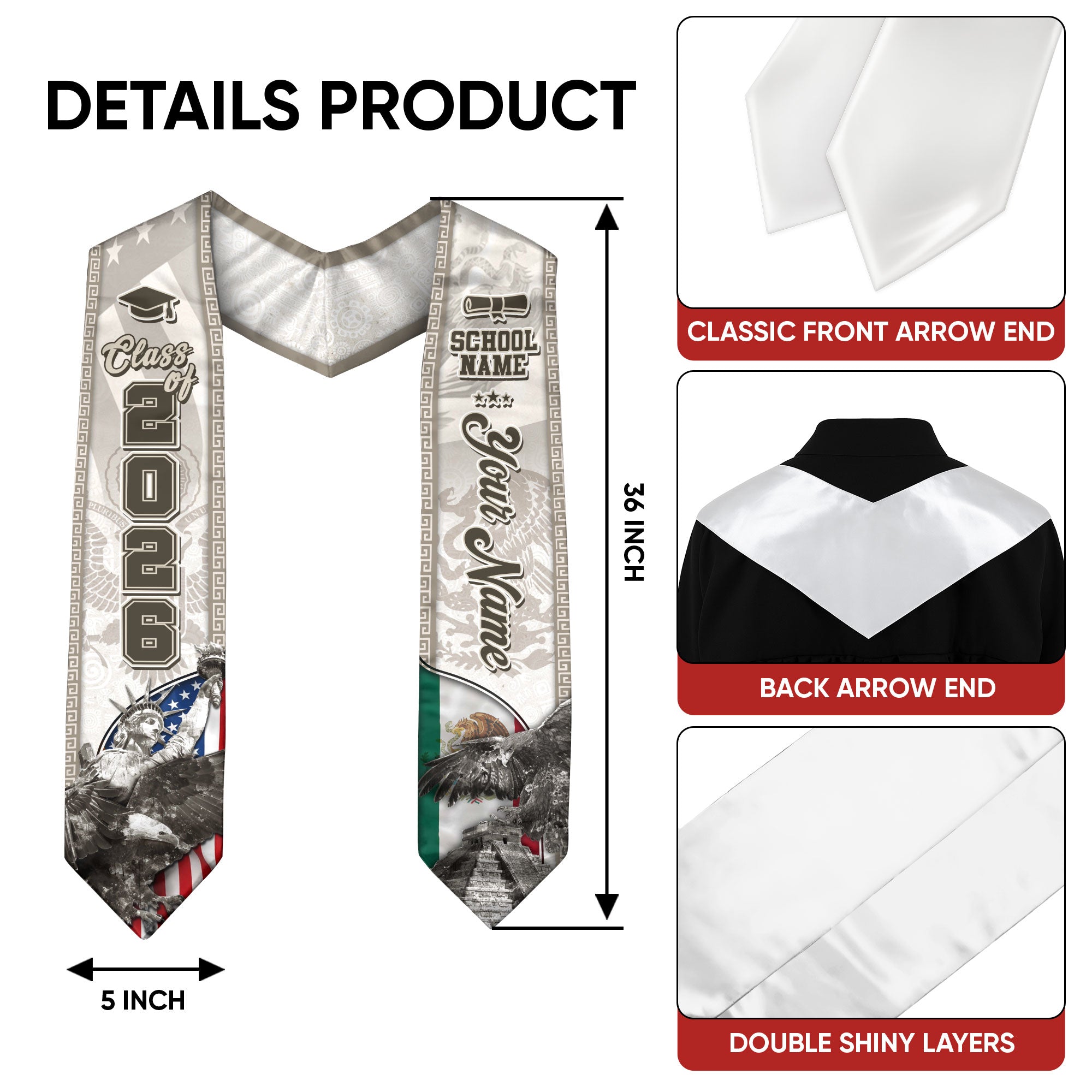 Class of 2026 Silver Graduation Stole – USA & Mexico Pride Senior Sash with Eagle & Statue Design