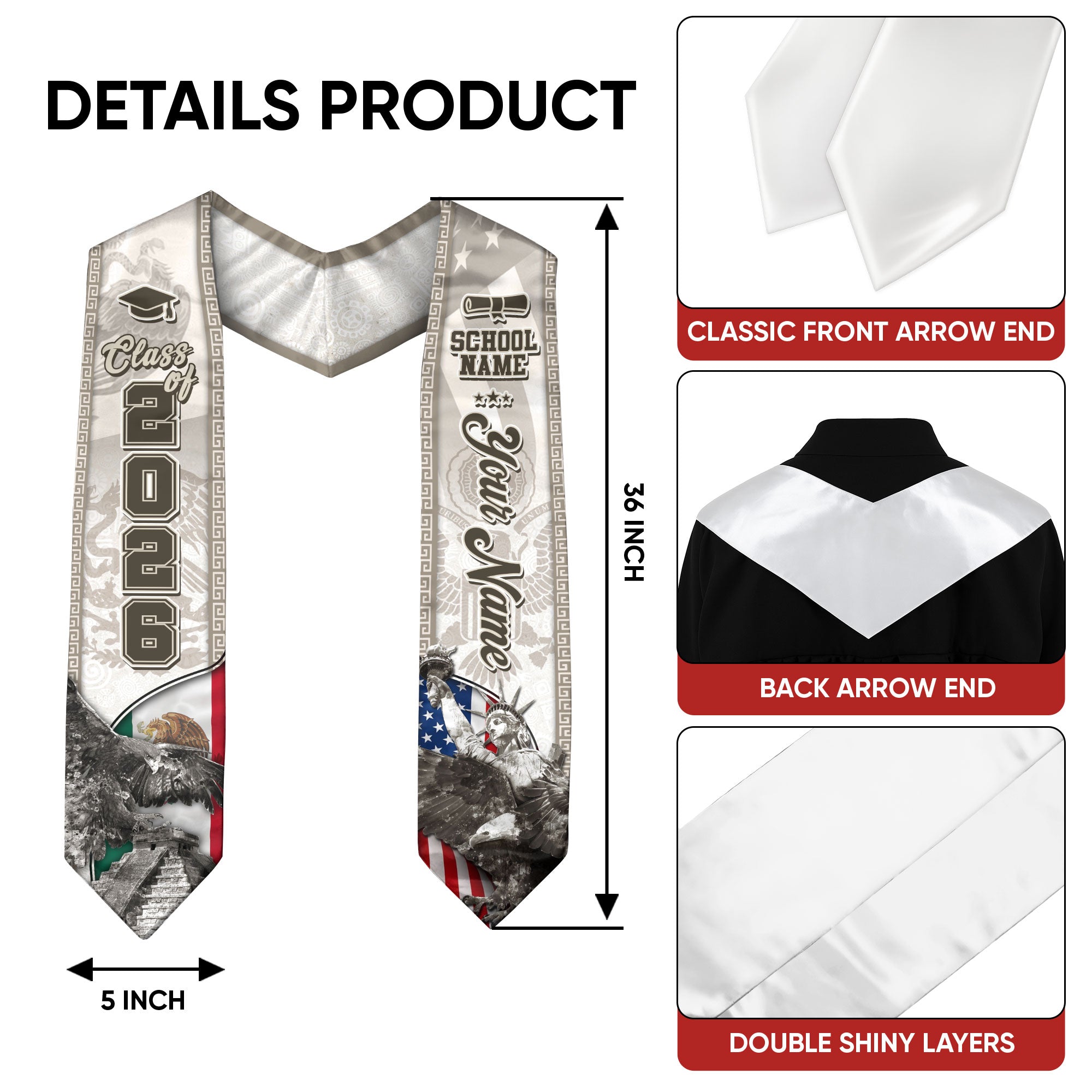Class of 2026 Silver Graduation Stole – USA & Mexico Pride Senior Sash with Eagle & Statue Design