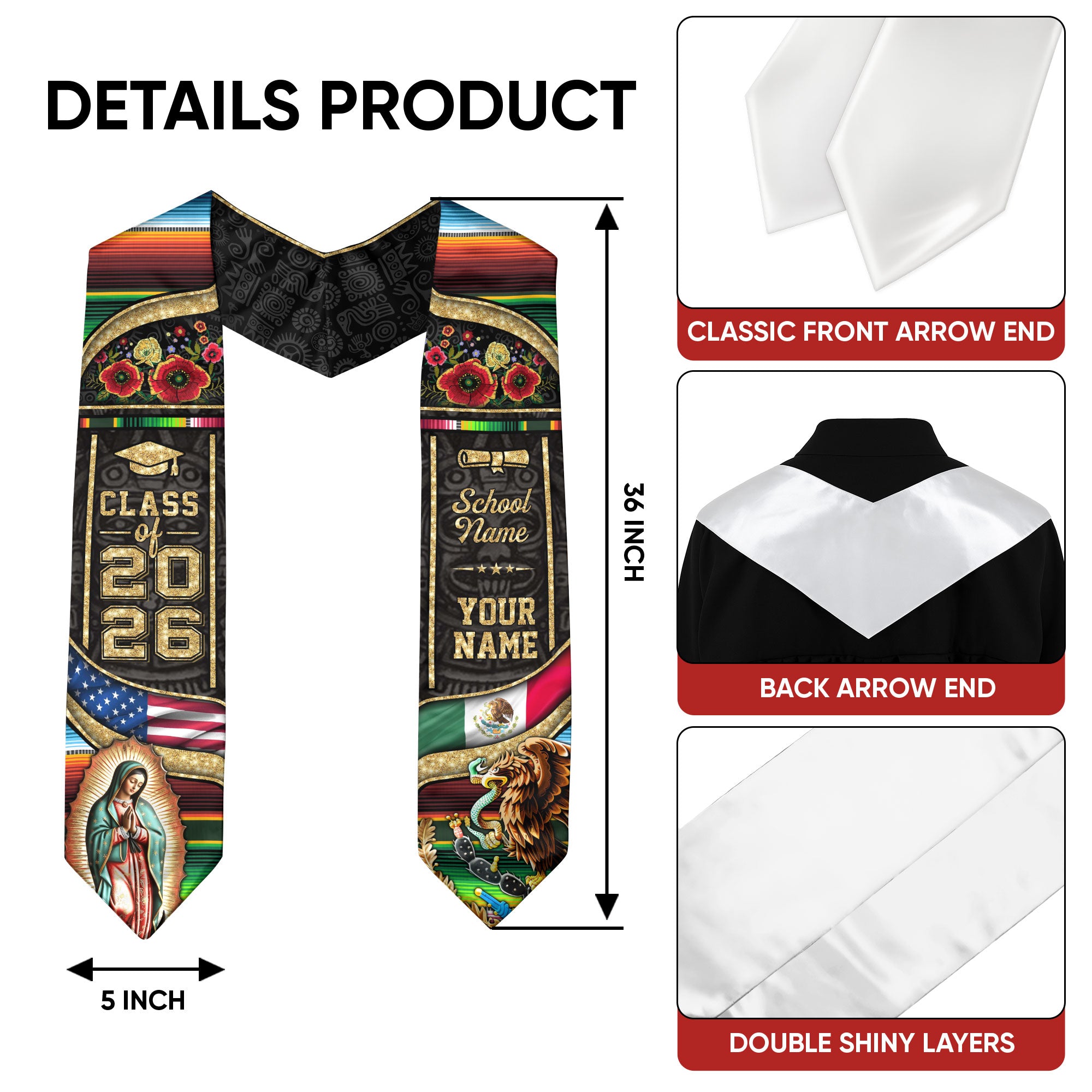 Virgen de Guadalupe 2026 Graduation Stole – Personalized USA & Mexico Heritage Senior Sash with Eagle & Serape Design