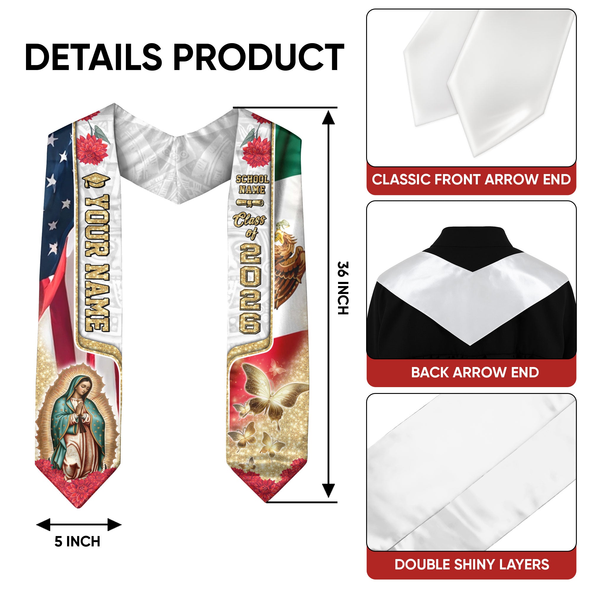 Custom Class of 2026 Graduation Stole – Virgen de Guadalupe USA & Mexico Senior Sash with Gold Butterfly Design
