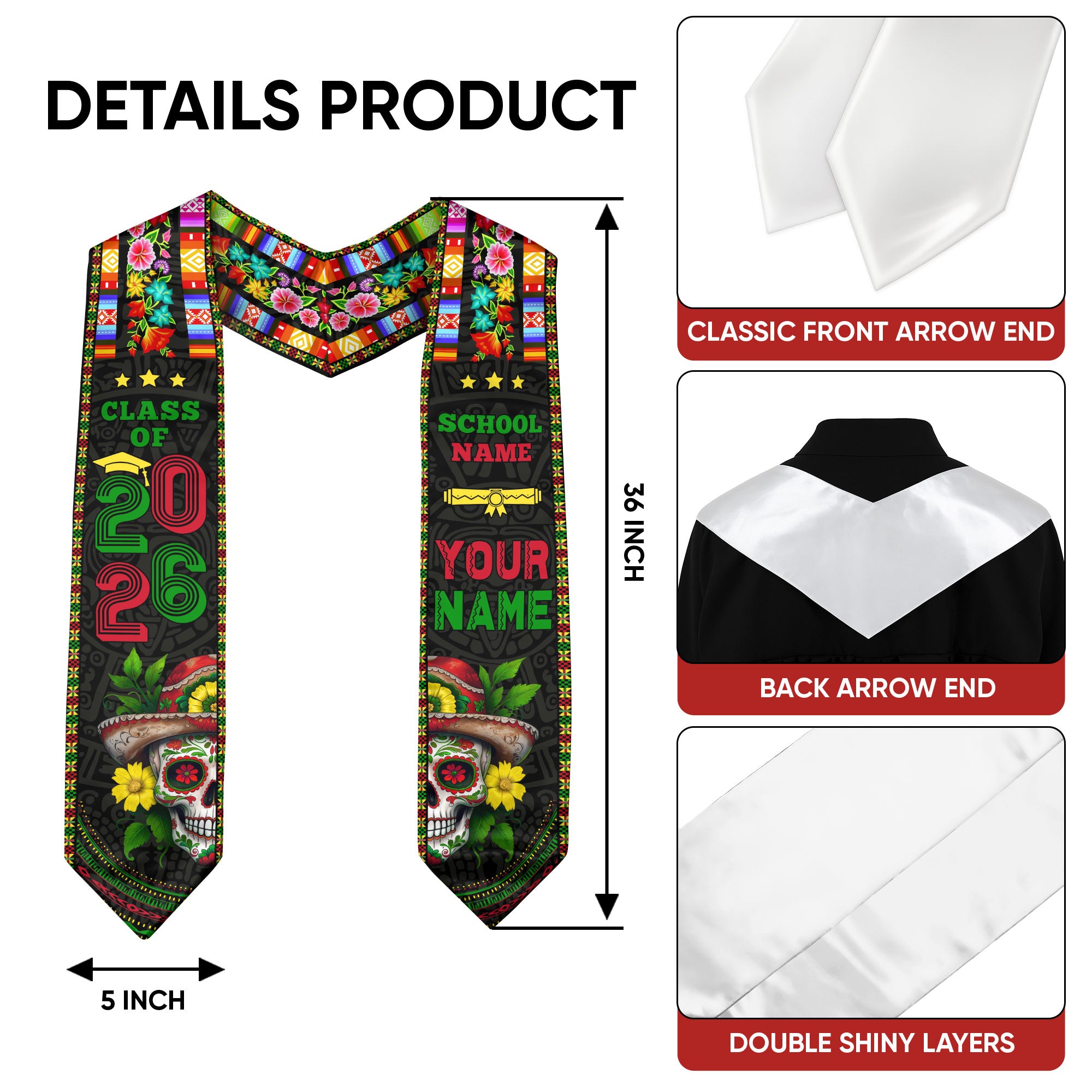 Custom Class of 2026 Graduation Stole – Mexican Serape & Sugar Skull Design, Personalized School and Name Sash