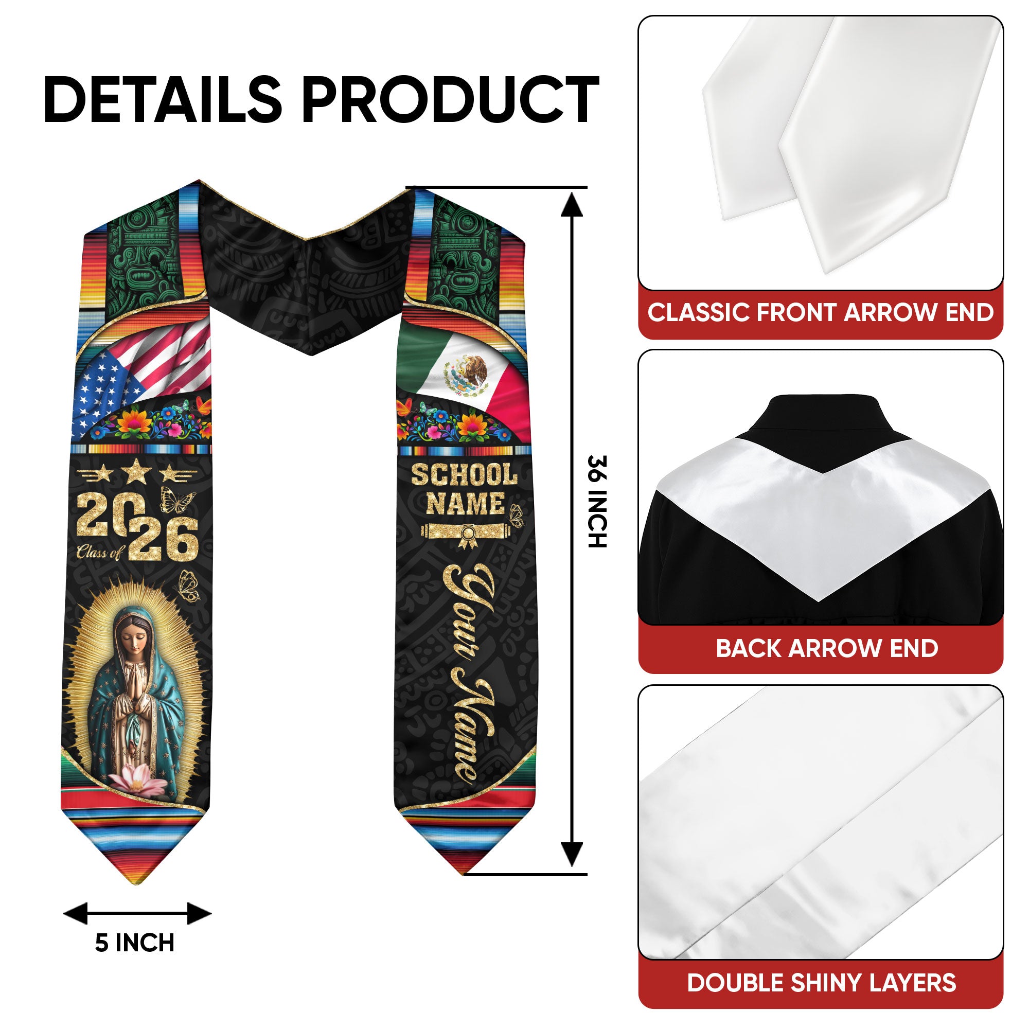 Custom Virgen de Guadalupe Class of 2026 Graduation Stole – USA & Mexico Flag Personalized Senior Sash