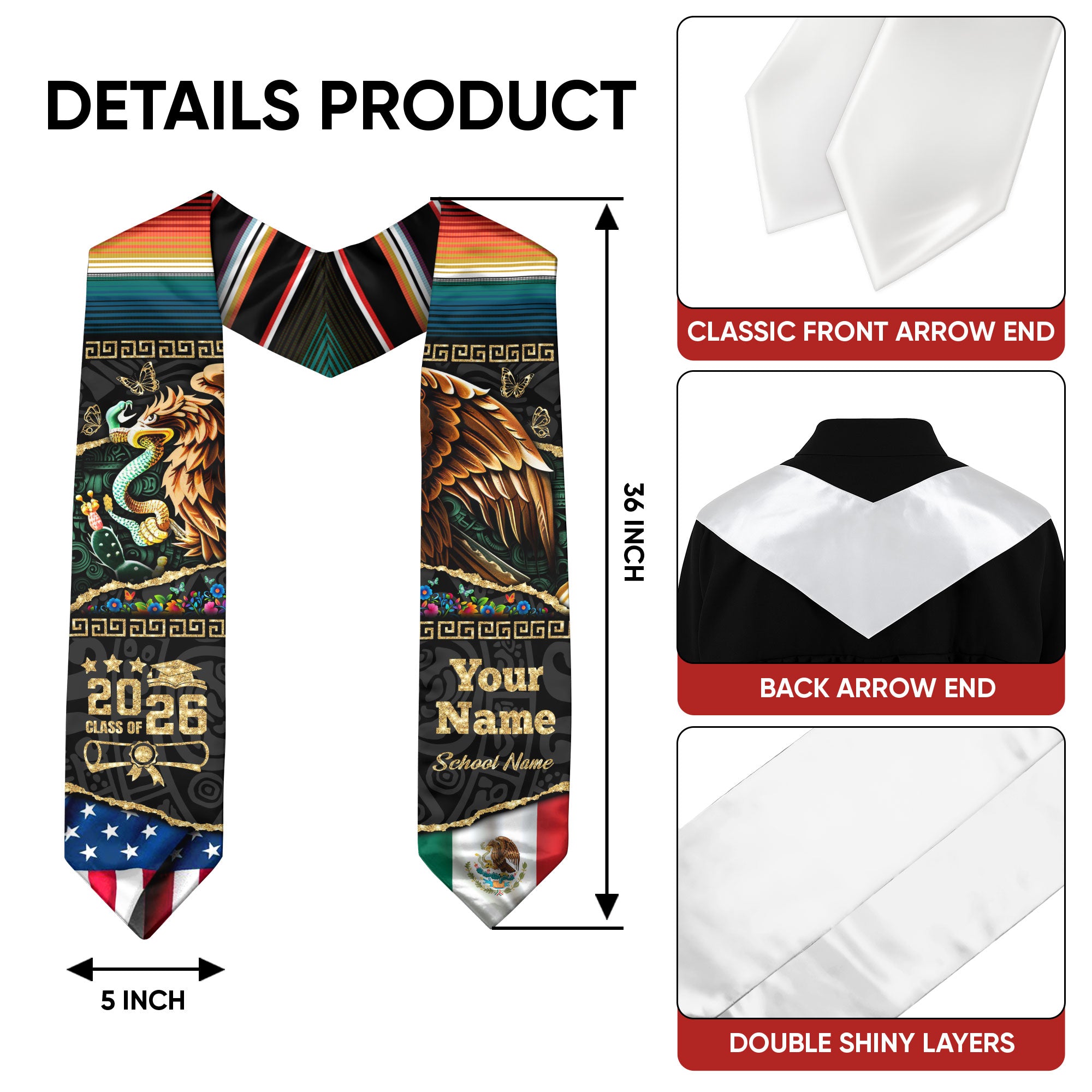 Custom Aztec Eagle Class of 2026 Graduation Stole – USA & Mexico Flag Personalized Senior Sash