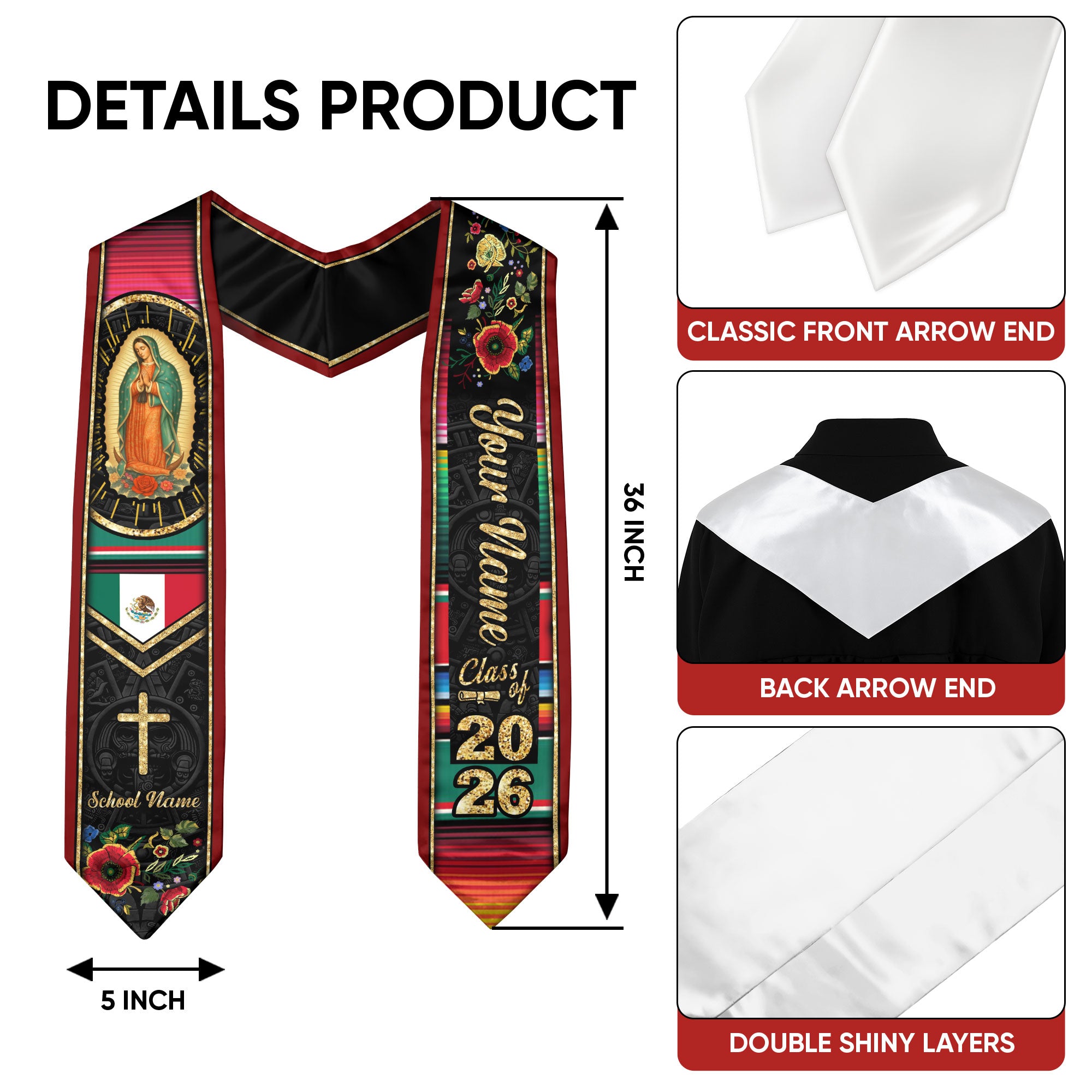 Custom Virgen de Guadalupe Christian Graduation Stole 2026 – Personalized Class of 2026 Senior Sash with Cross & Floral Design