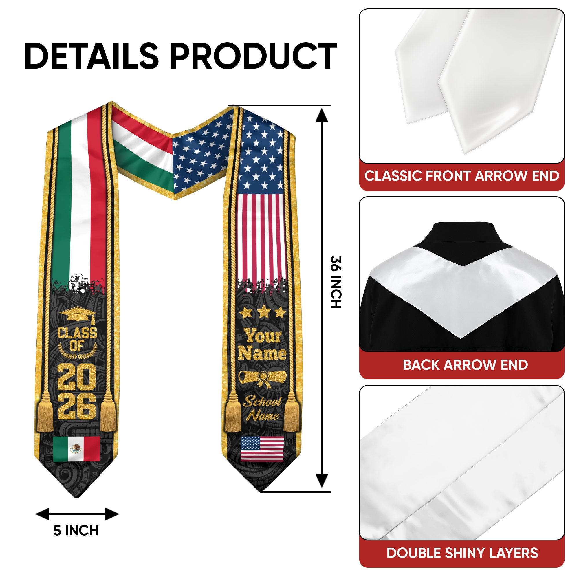 Custom USA & Mexico Flag Graduation Stole 2026 – Personalized Class of 2026 Senior Sash with Gold Tassel Design